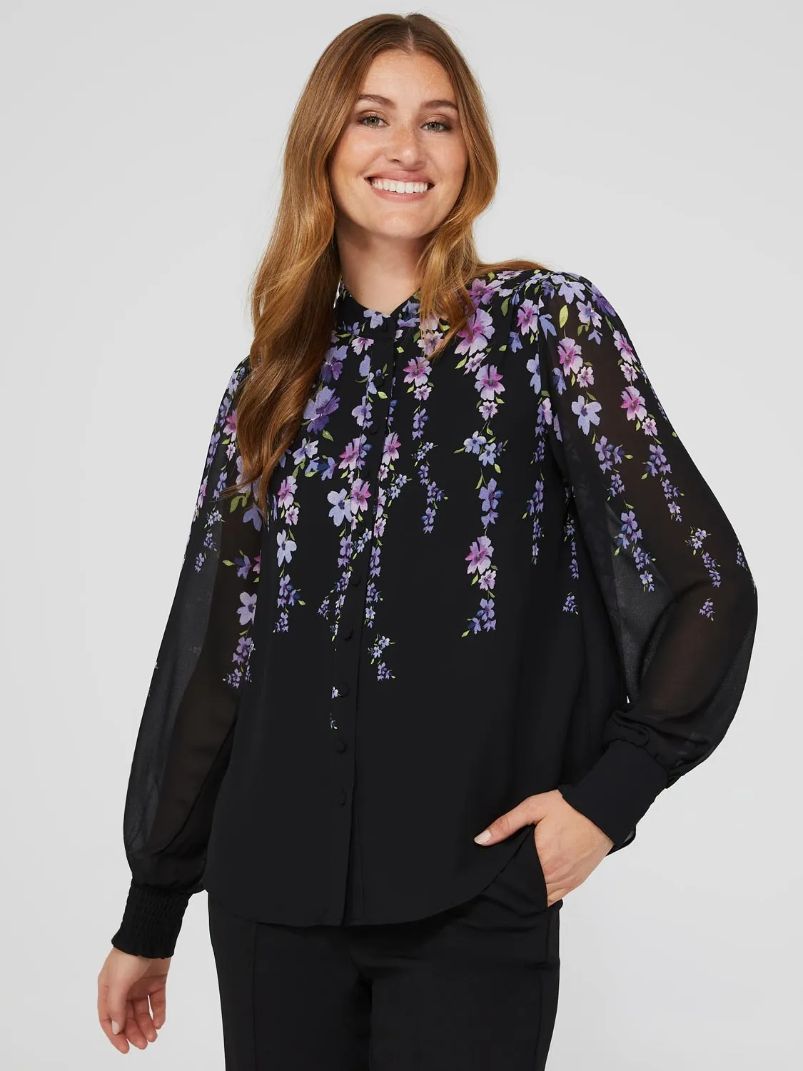 Floral Print Chiffon Button-Front Flowy Blouse