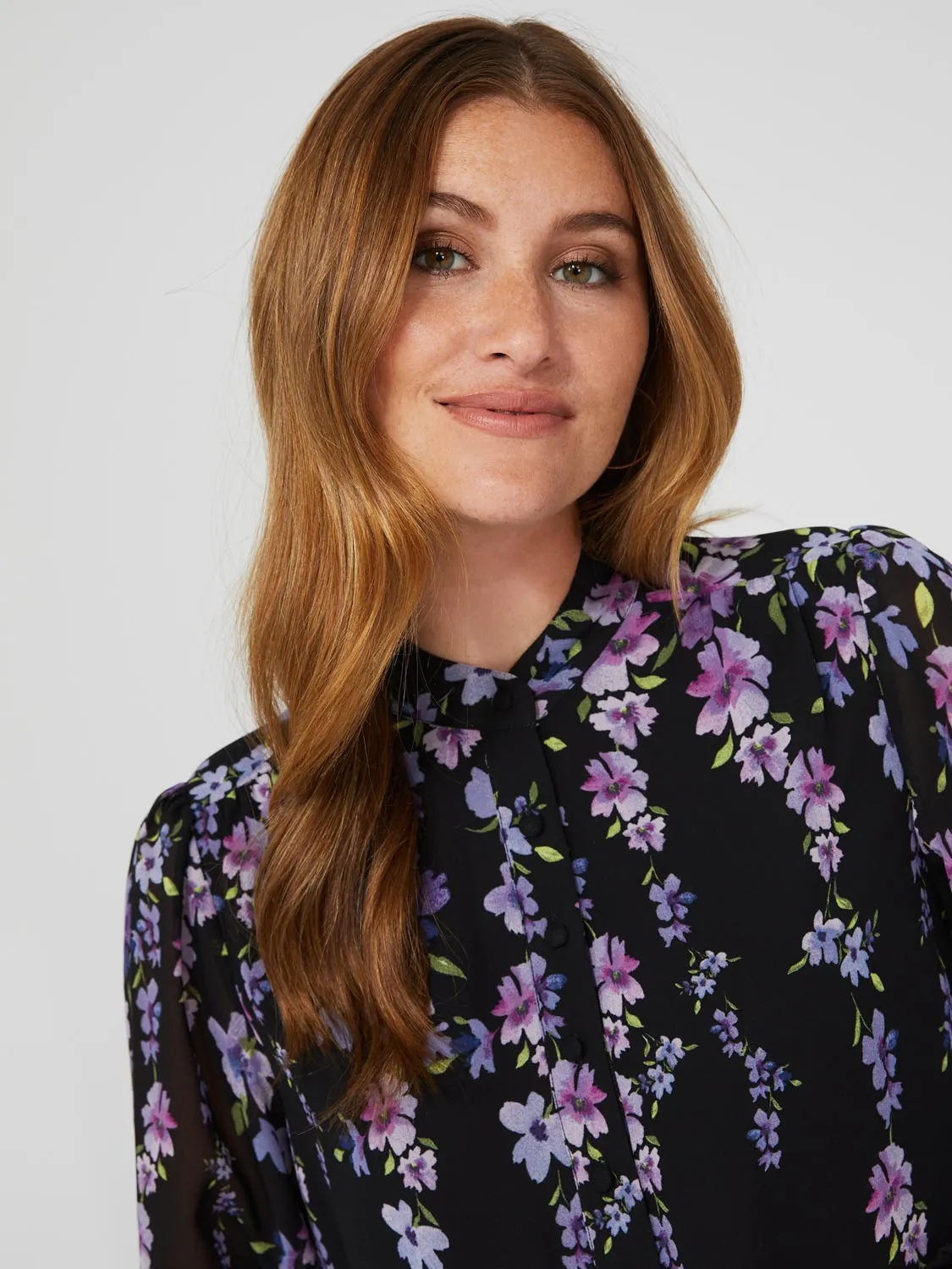 Floral Print Chiffon Button-Front Flowy Blouse