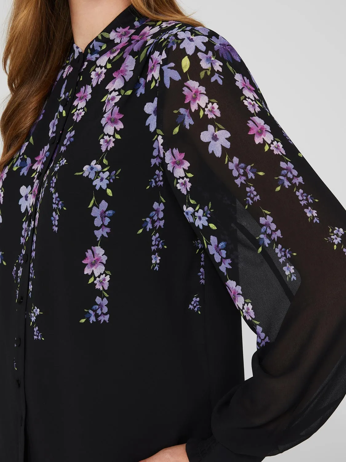 Floral Print Chiffon Button-Front Flowy Blouse