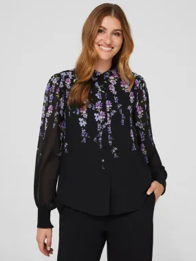 Floral Print Chiffon Button-Front Flowy Blouse