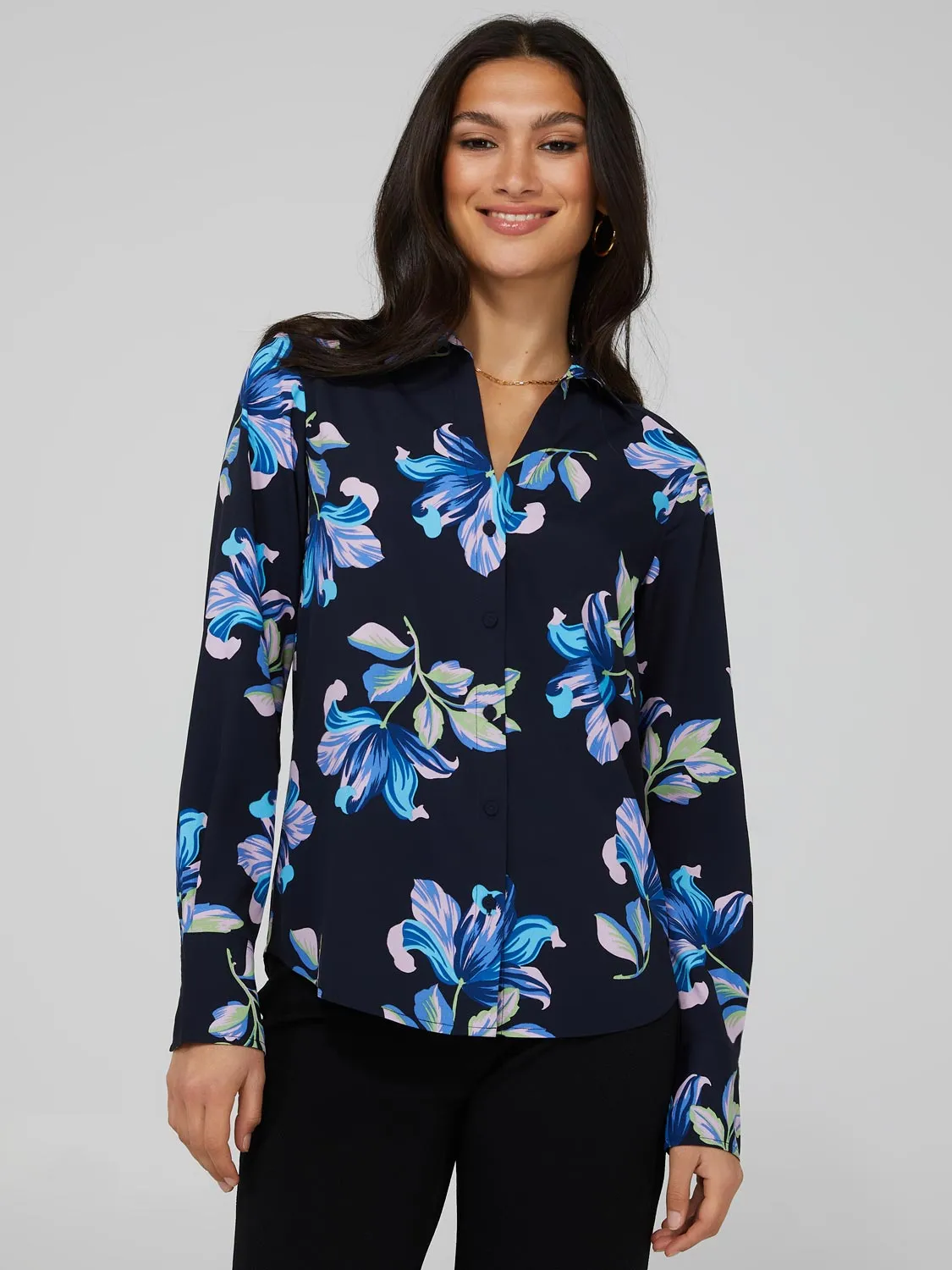 Floral Print Chiffon Split Neck Button-Front Blouse