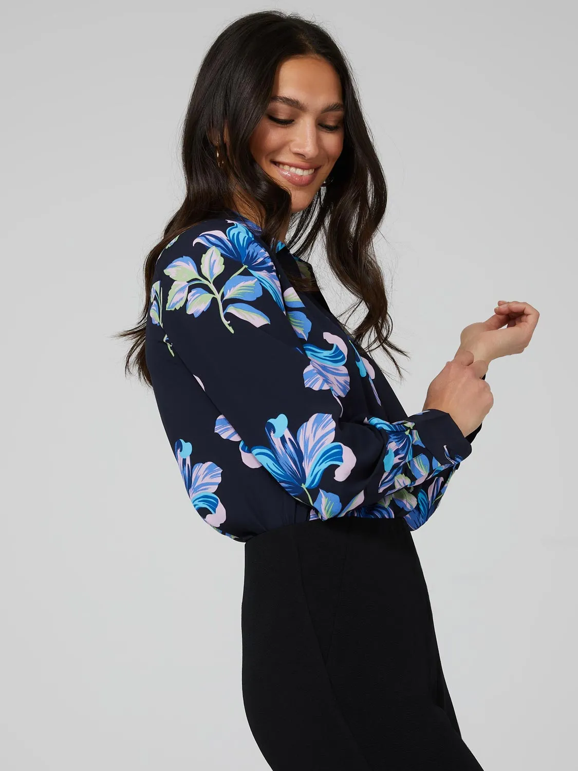 Floral Print Chiffon Split Neck Button-Front Blouse