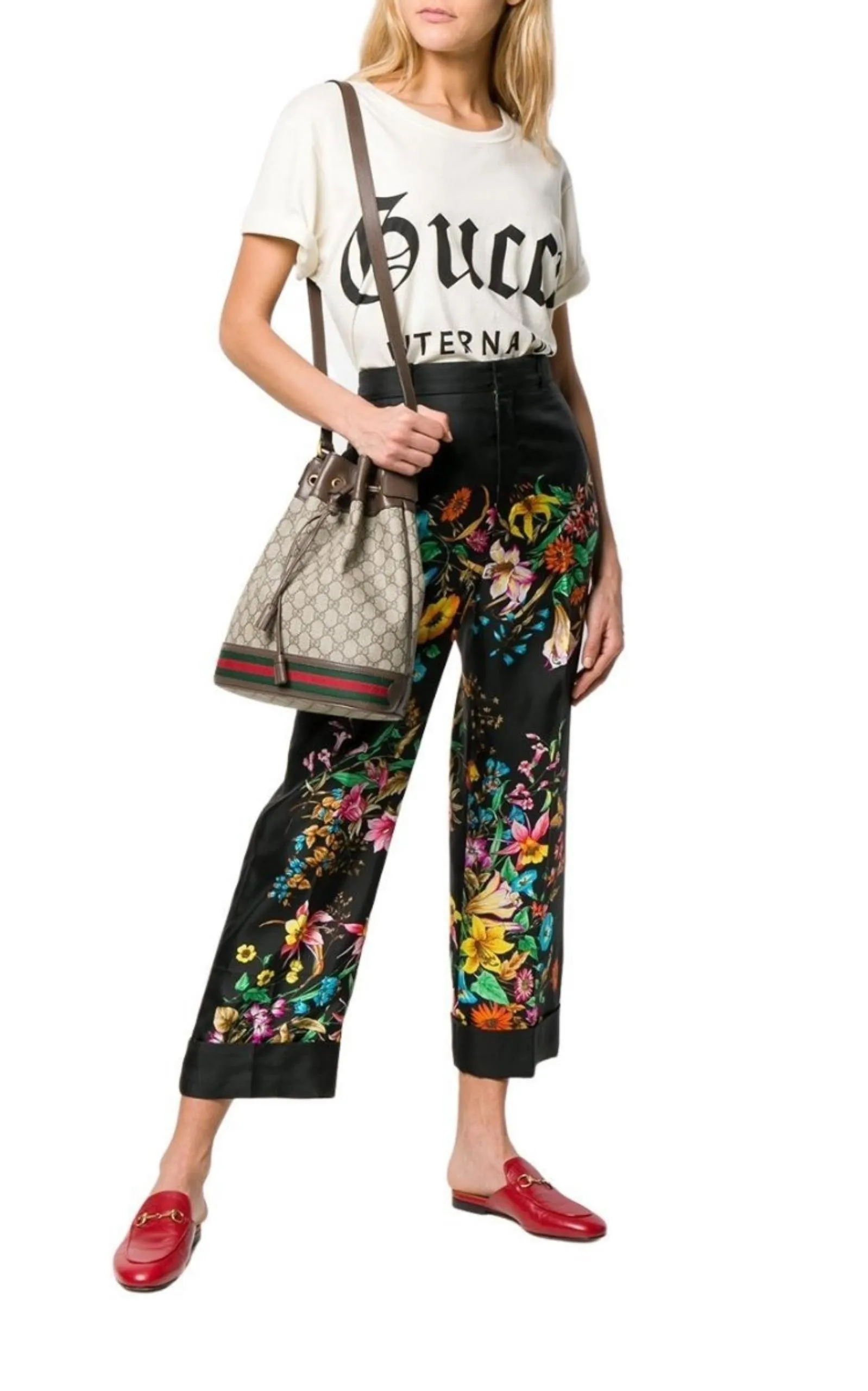 Floral Print Cropped Silk Trousers Pants