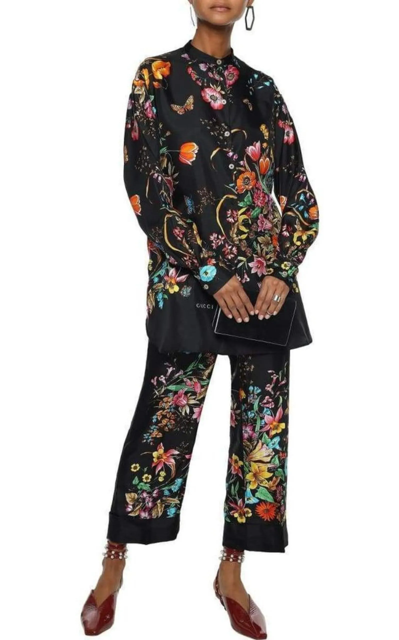 Floral Print Cropped Silk Trousers Pants