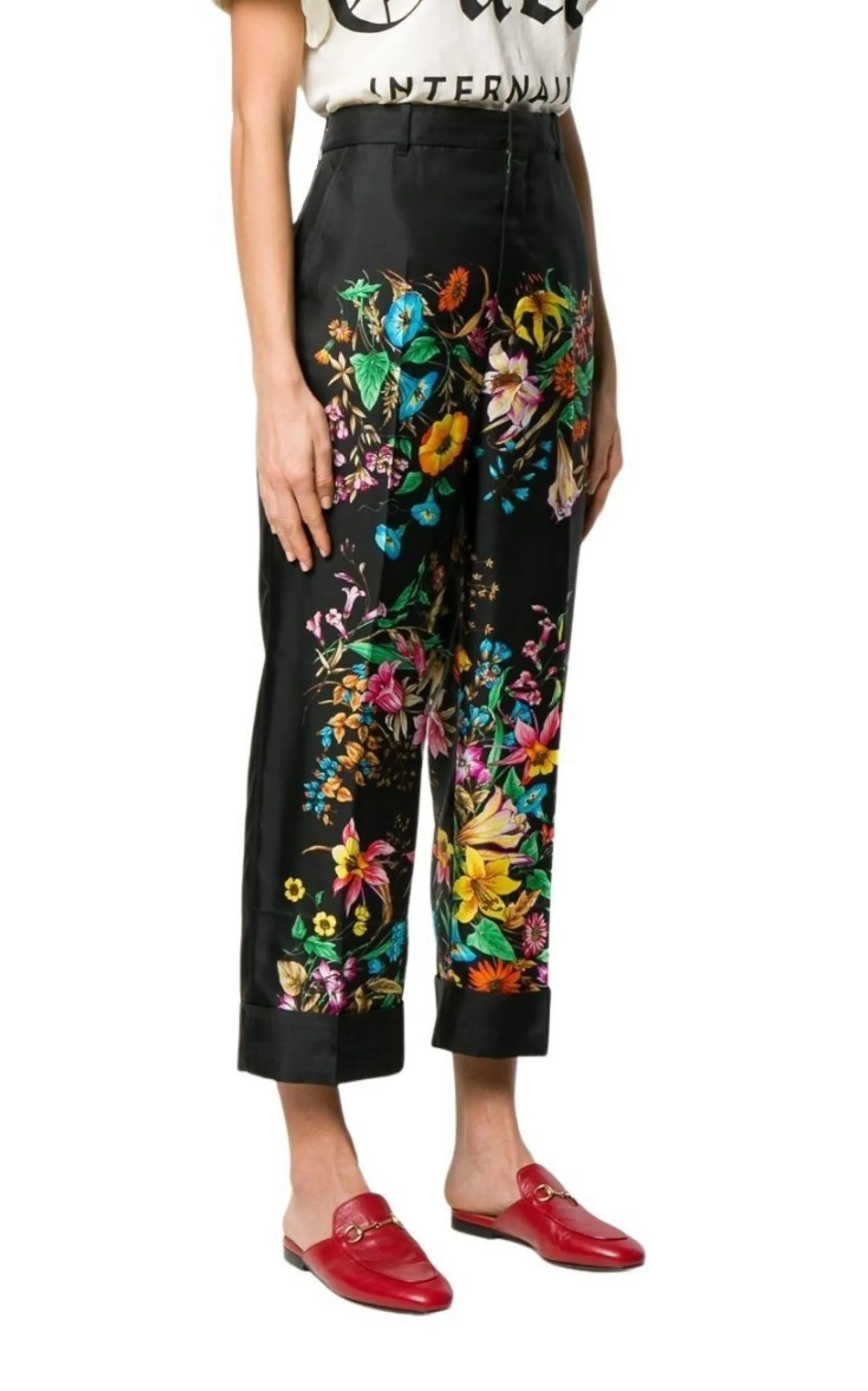 Floral Print Cropped Silk Trousers Pants