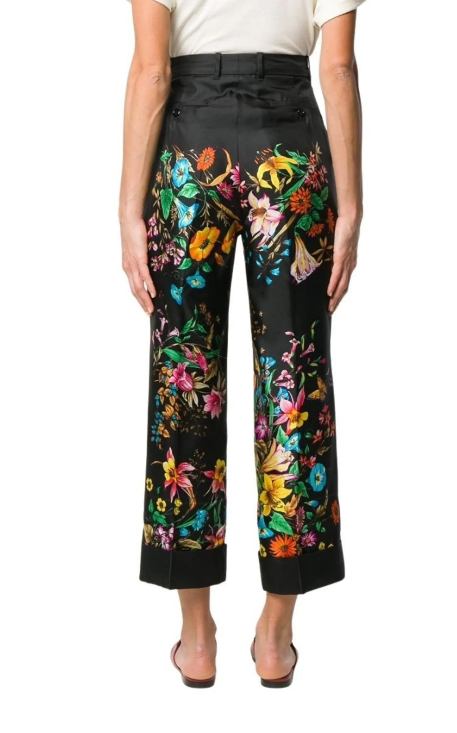 Floral Print Cropped Silk Trousers Pants