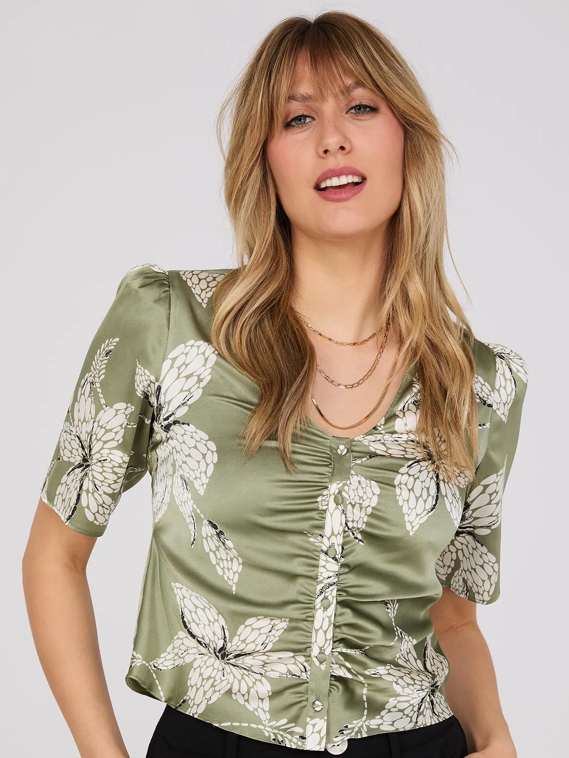 Floral Print Ruched Blouse