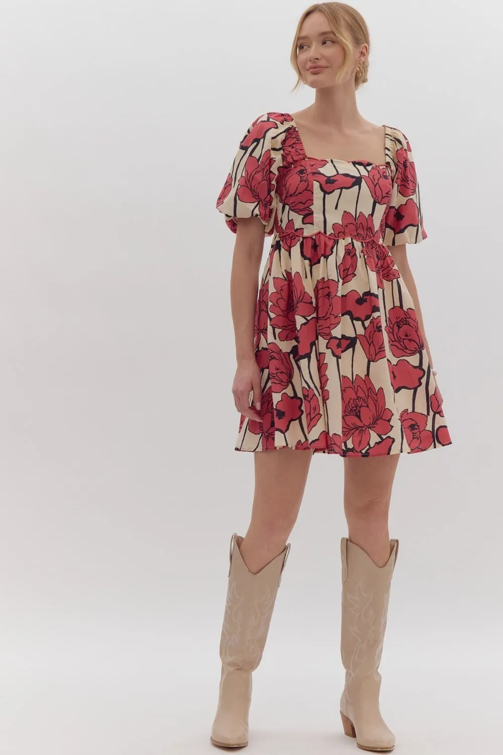 Floral Print Square Neck Short Sleeve Mini Dress