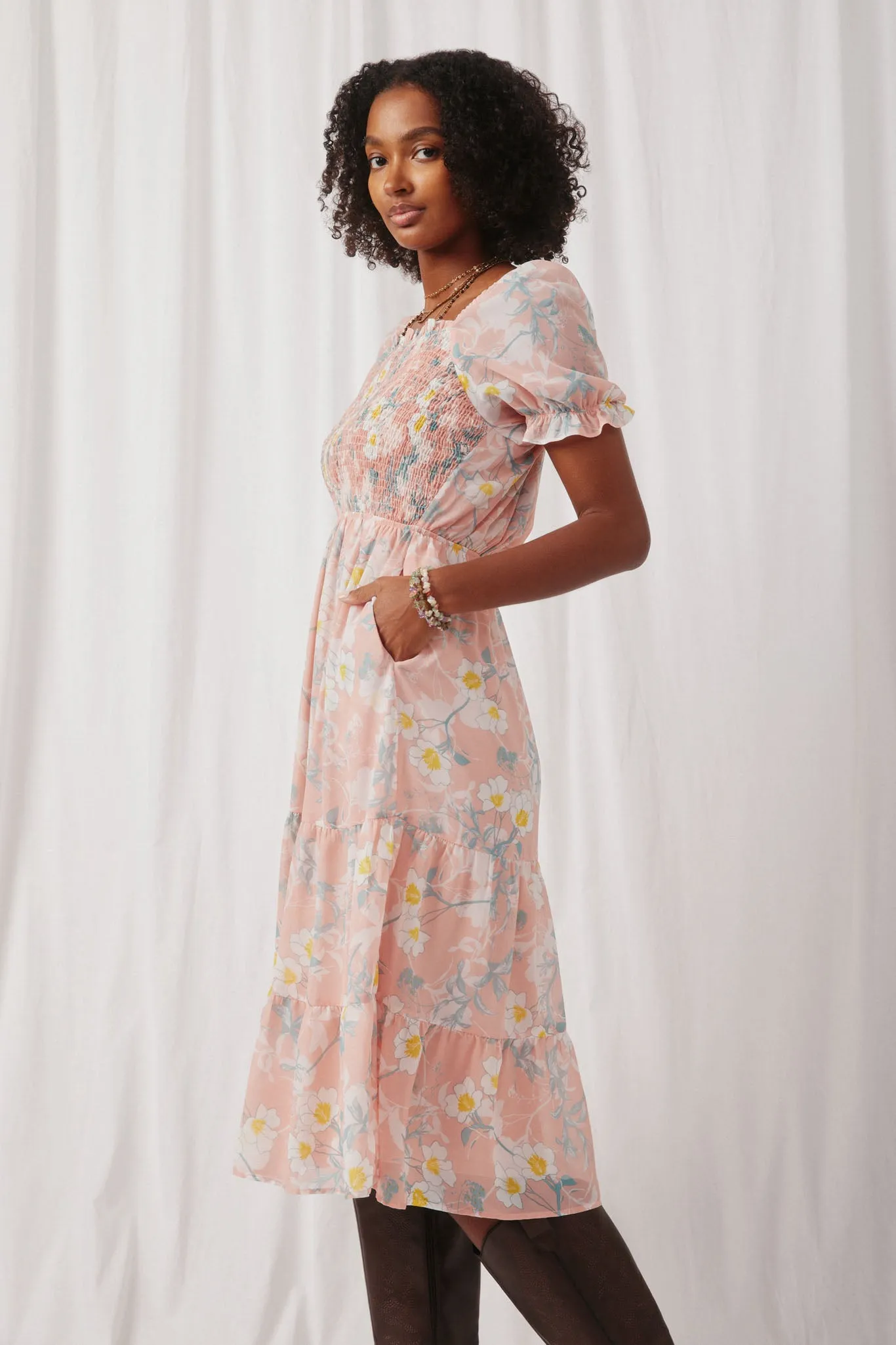 Floral Smocked Puff Sleeve Chiffon Dress