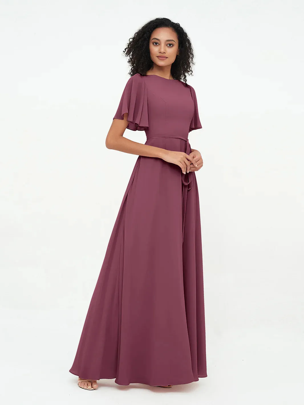 Flutter Sleeves Chiffon Max Dresses With Sash Bow-Mulberry