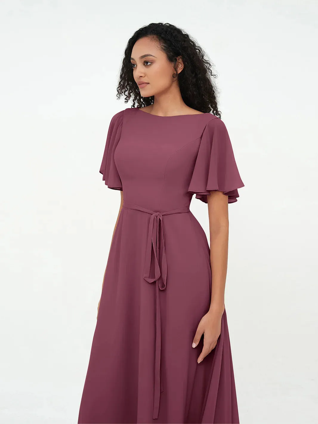 Flutter Sleeves Chiffon Max Dresses With Sash Bow-Mulberry