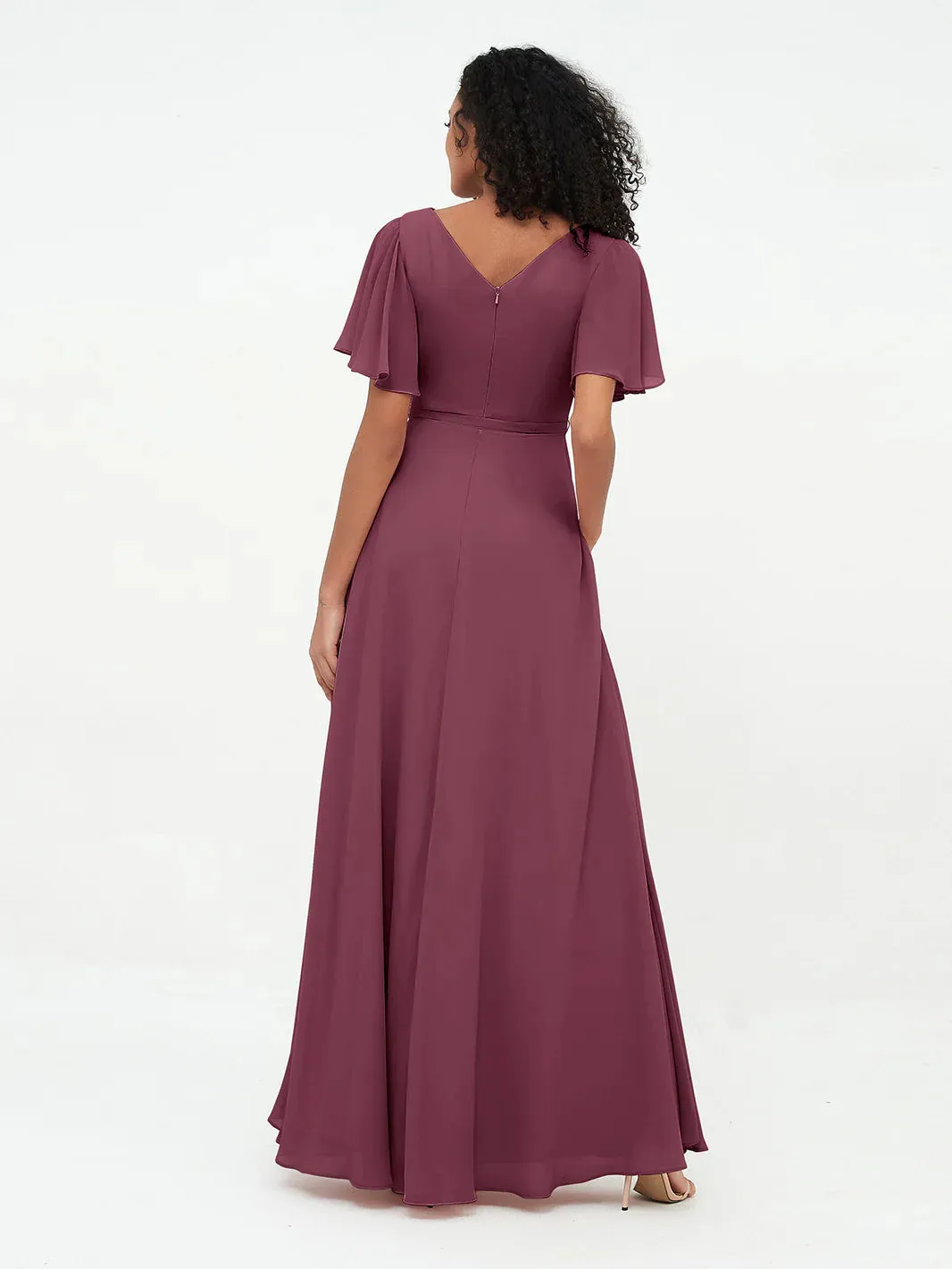 Flutter Sleeves Chiffon Max Dresses With Sash Bow-Mulberry