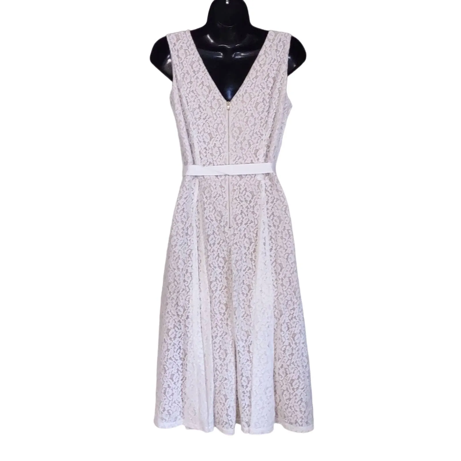 Gabby Skye Crochet Lace Belted Fit & Flare Dress White Tan