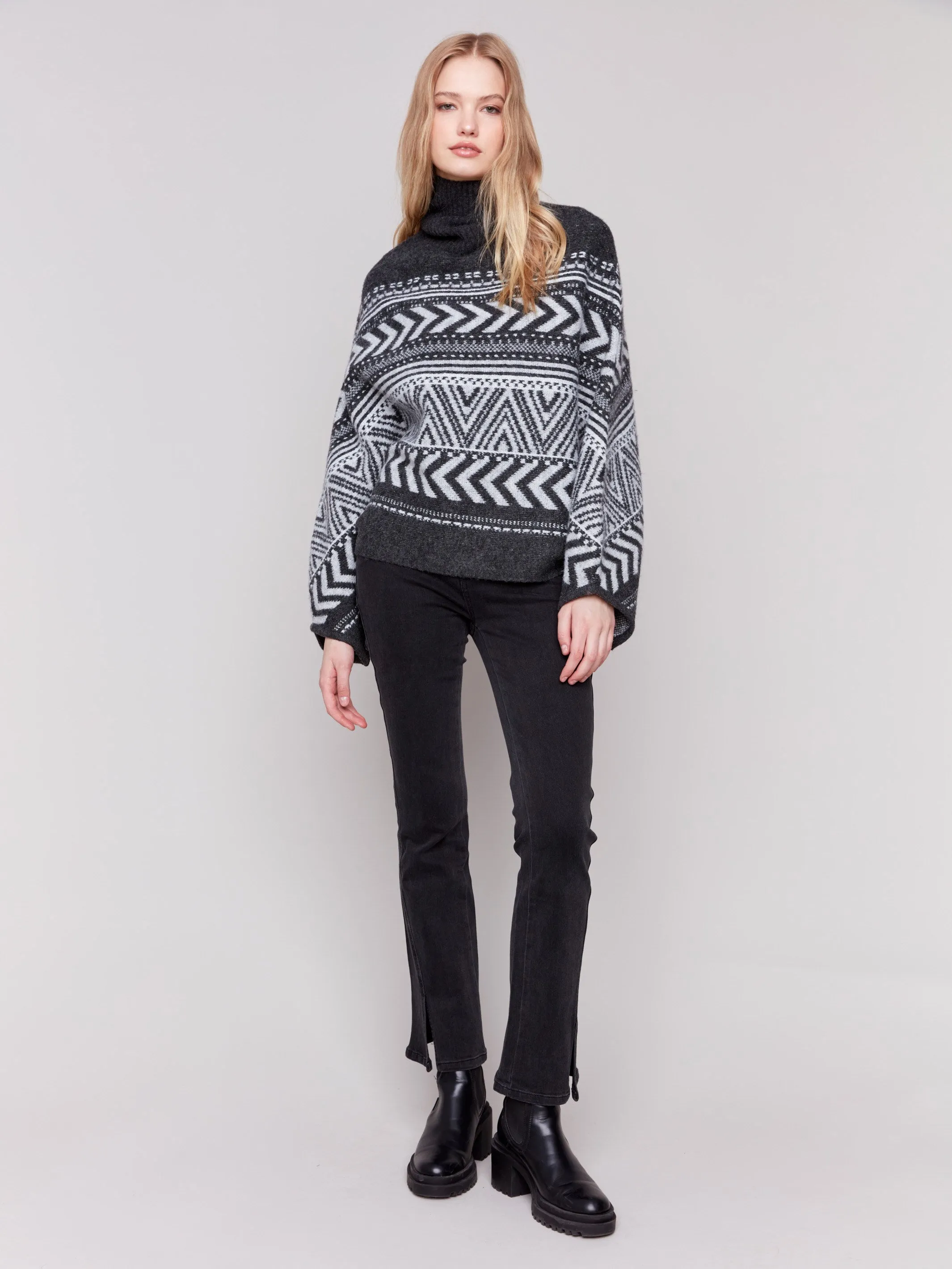 Geometric Jacquard Poncho with Buttoned Sleeves - Charcoal