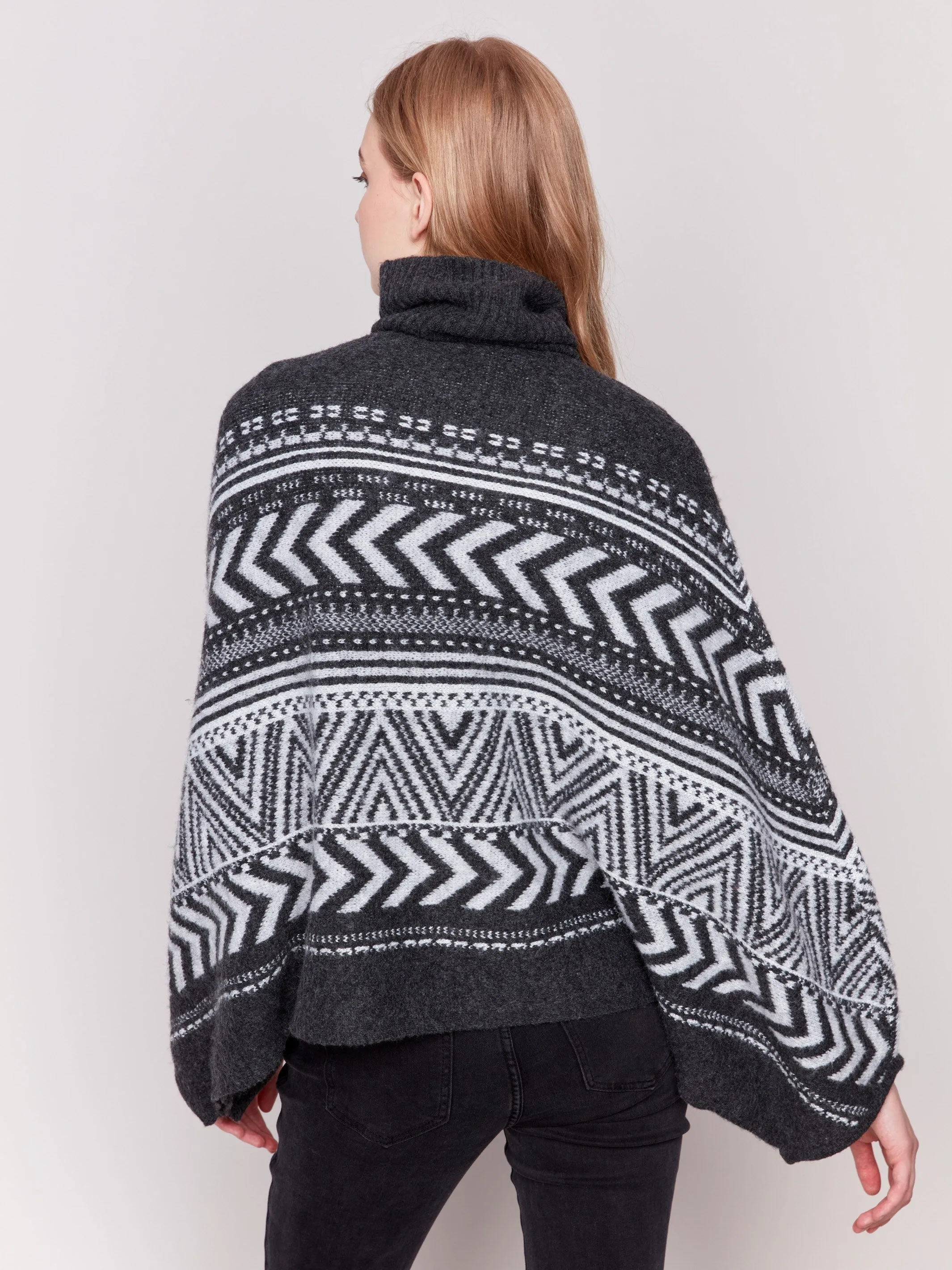 Geometric Jacquard Poncho with Buttoned Sleeves - Charcoal