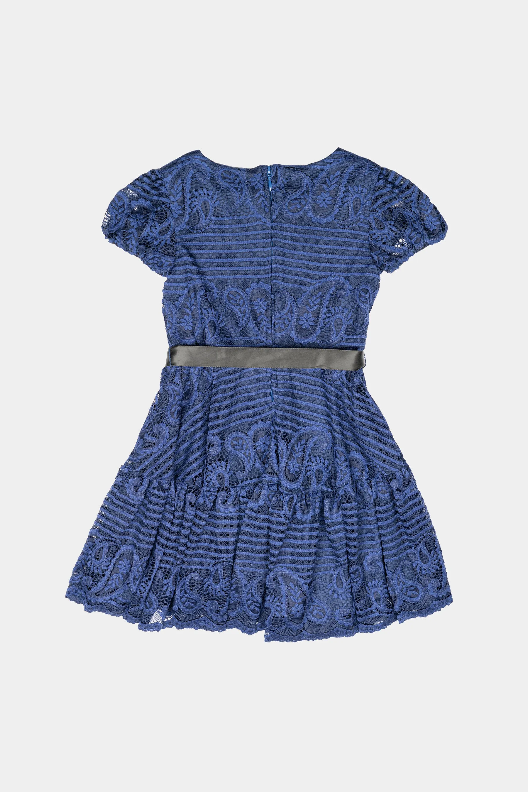 Girls Short Sleeve Crochet Edge Trim & Belt Lace Dress