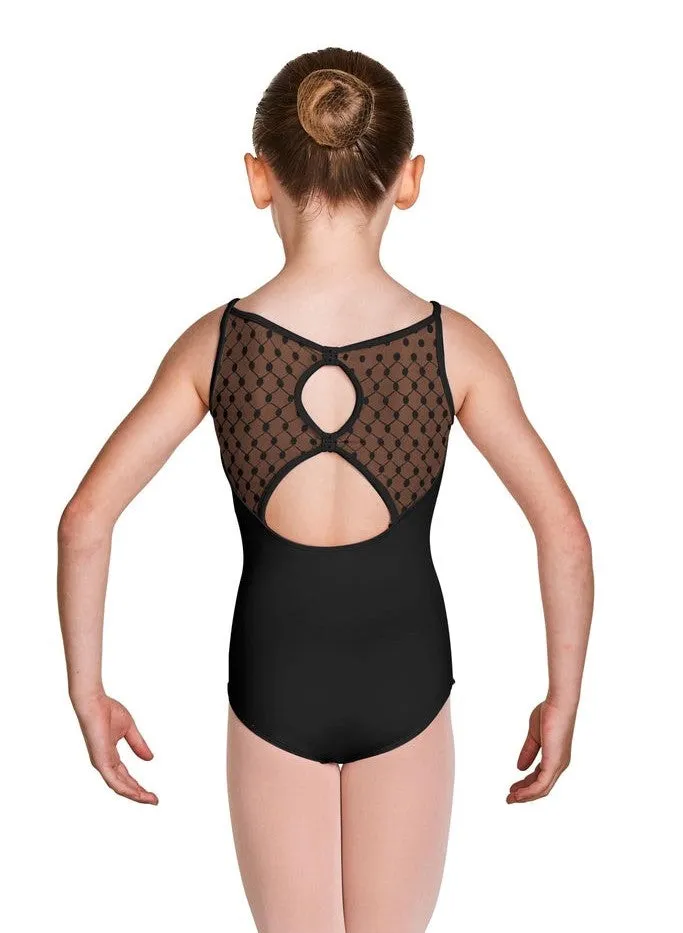 Girls Spot Mesh Open Back Camisole Leotard [Black]