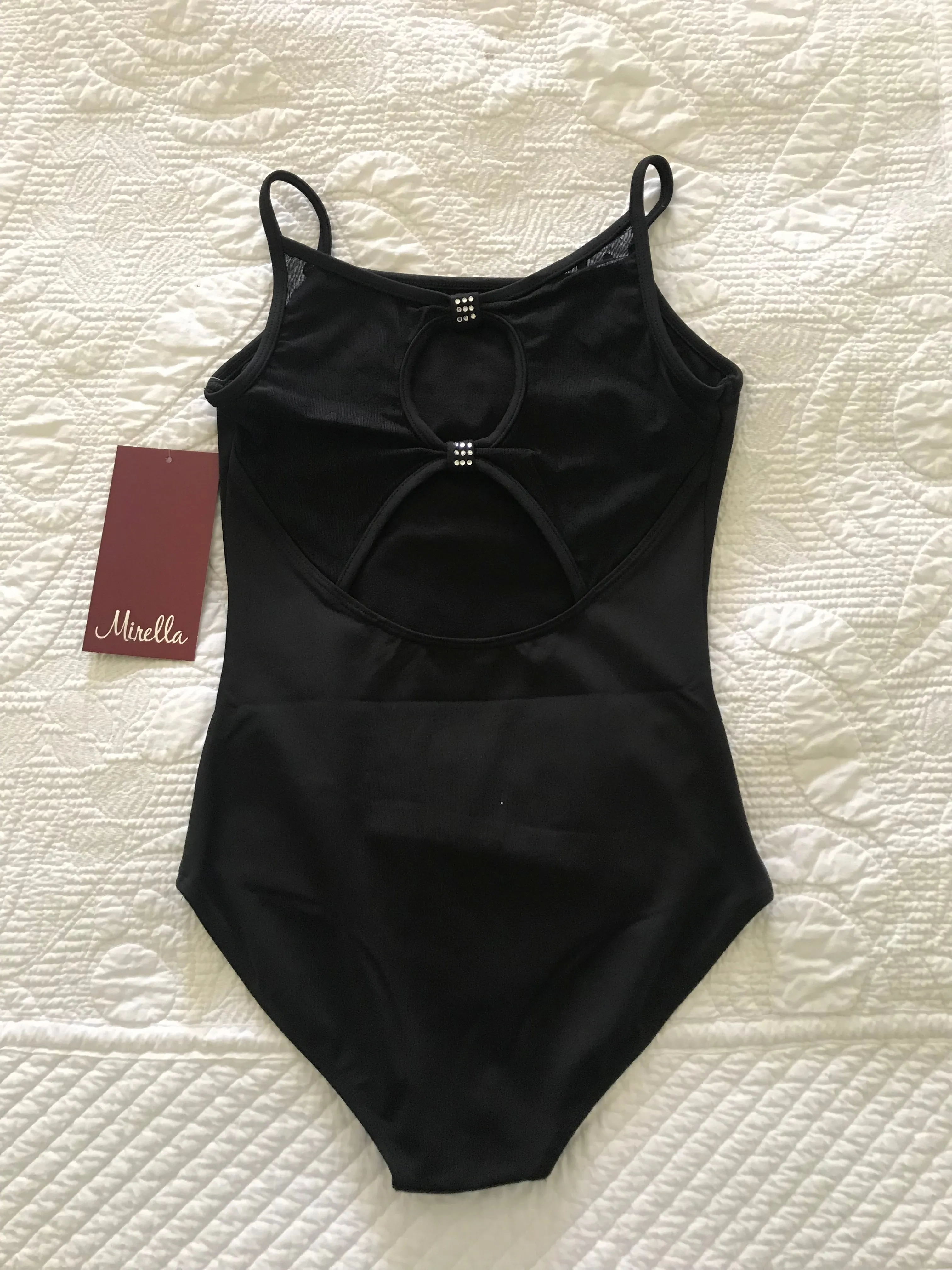 Girls Spot Mesh Open Back Camisole Leotard [Black]