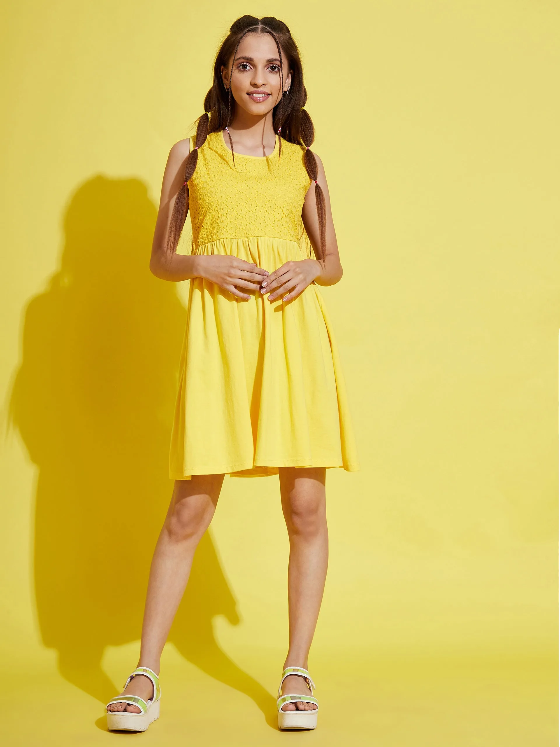 Girls Yellow Schiffli Gathered Dress