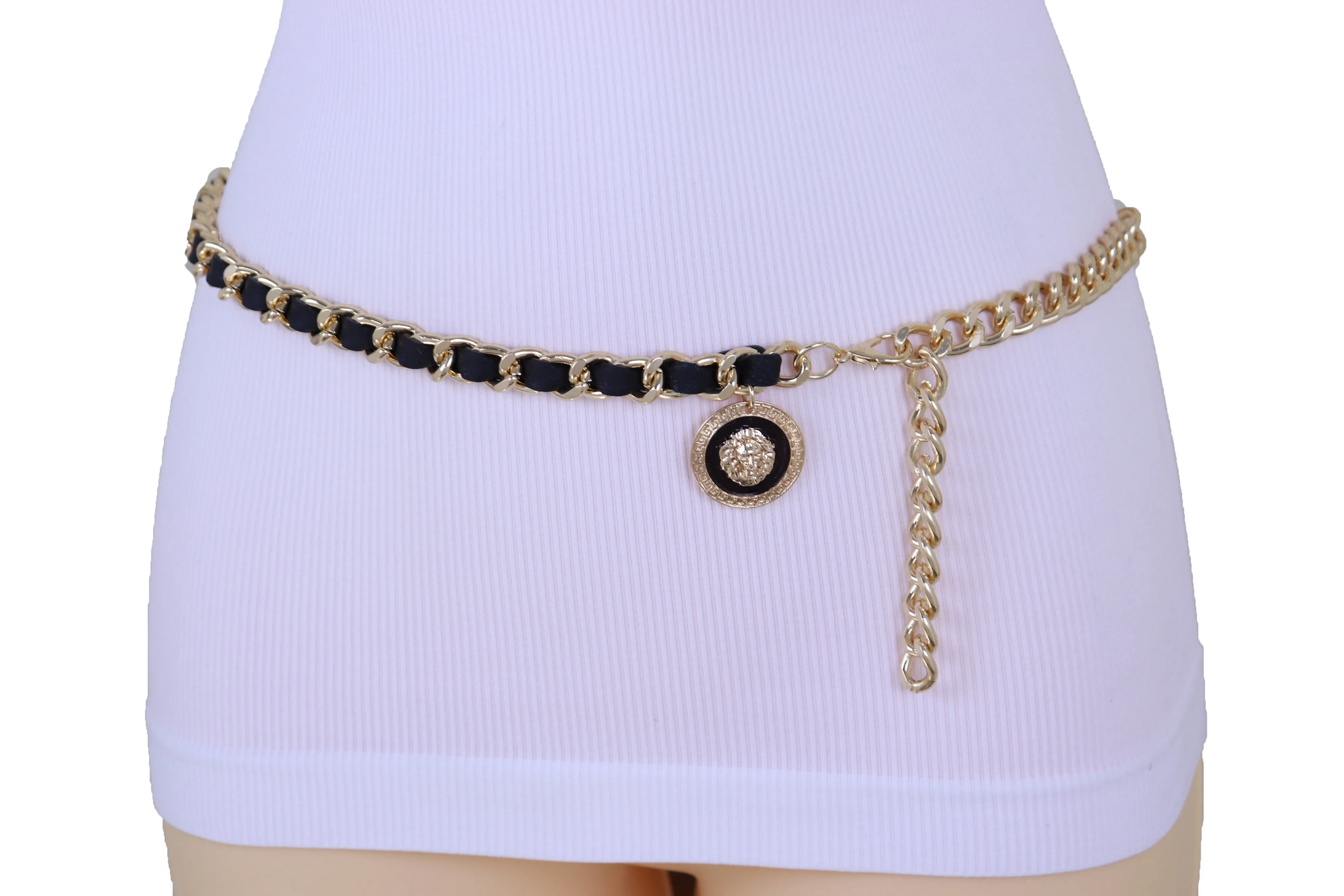 Gold Metal & Black Fabric Skinny Chain Belt with Lion Medallion Clasp End