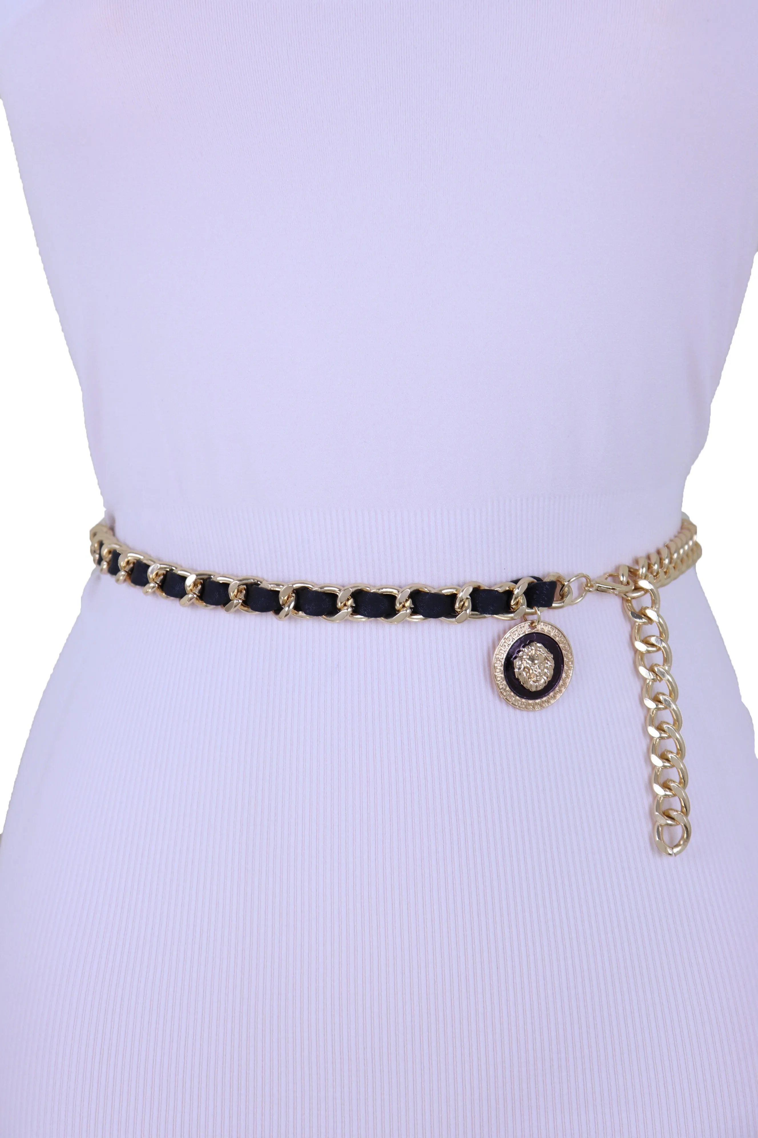 Gold Metal & Black Fabric Skinny Chain Belt with Lion Medallion Clasp End