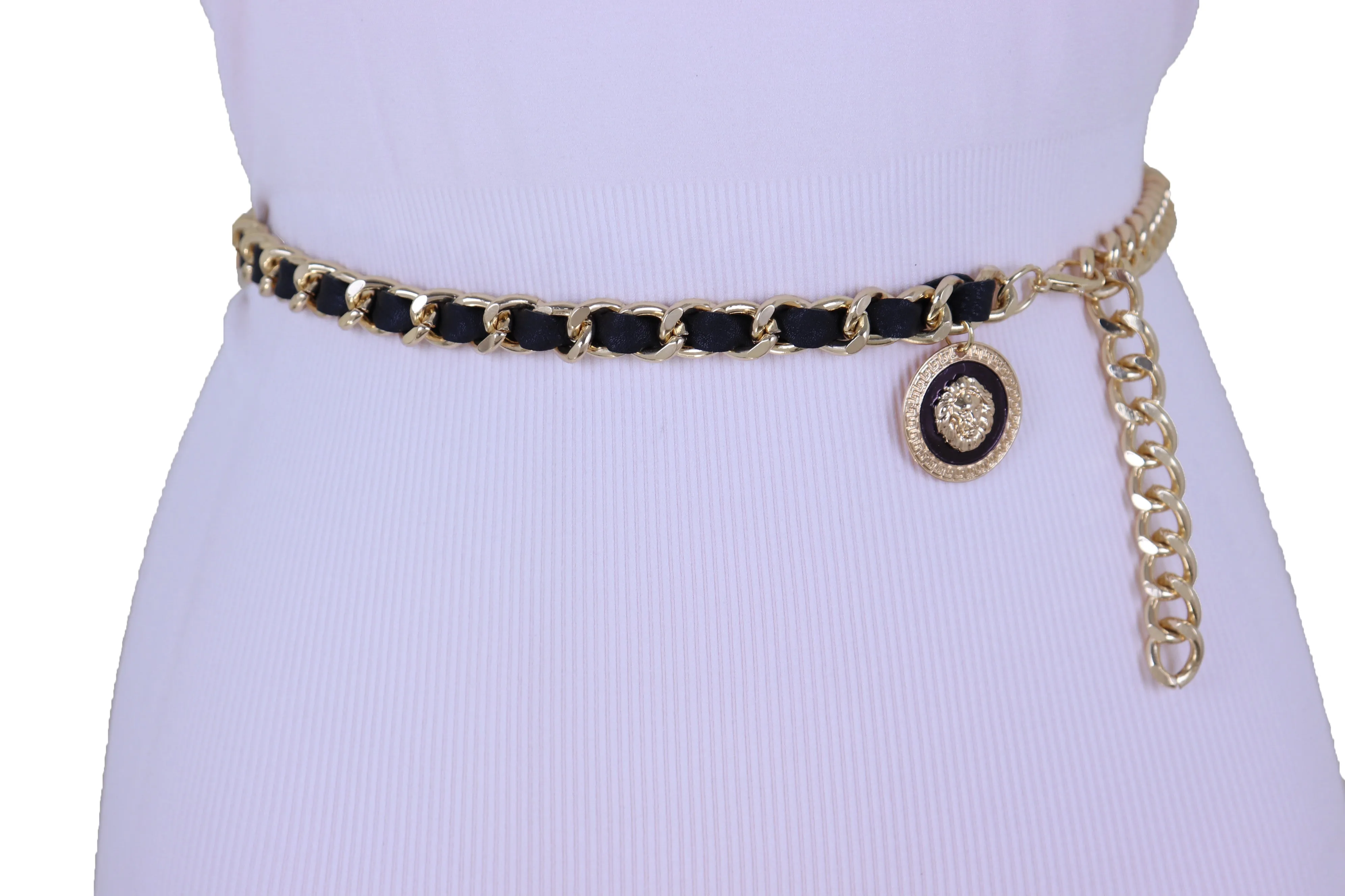 Gold Metal & Black Fabric Skinny Chain Belt with Lion Medallion Clasp End