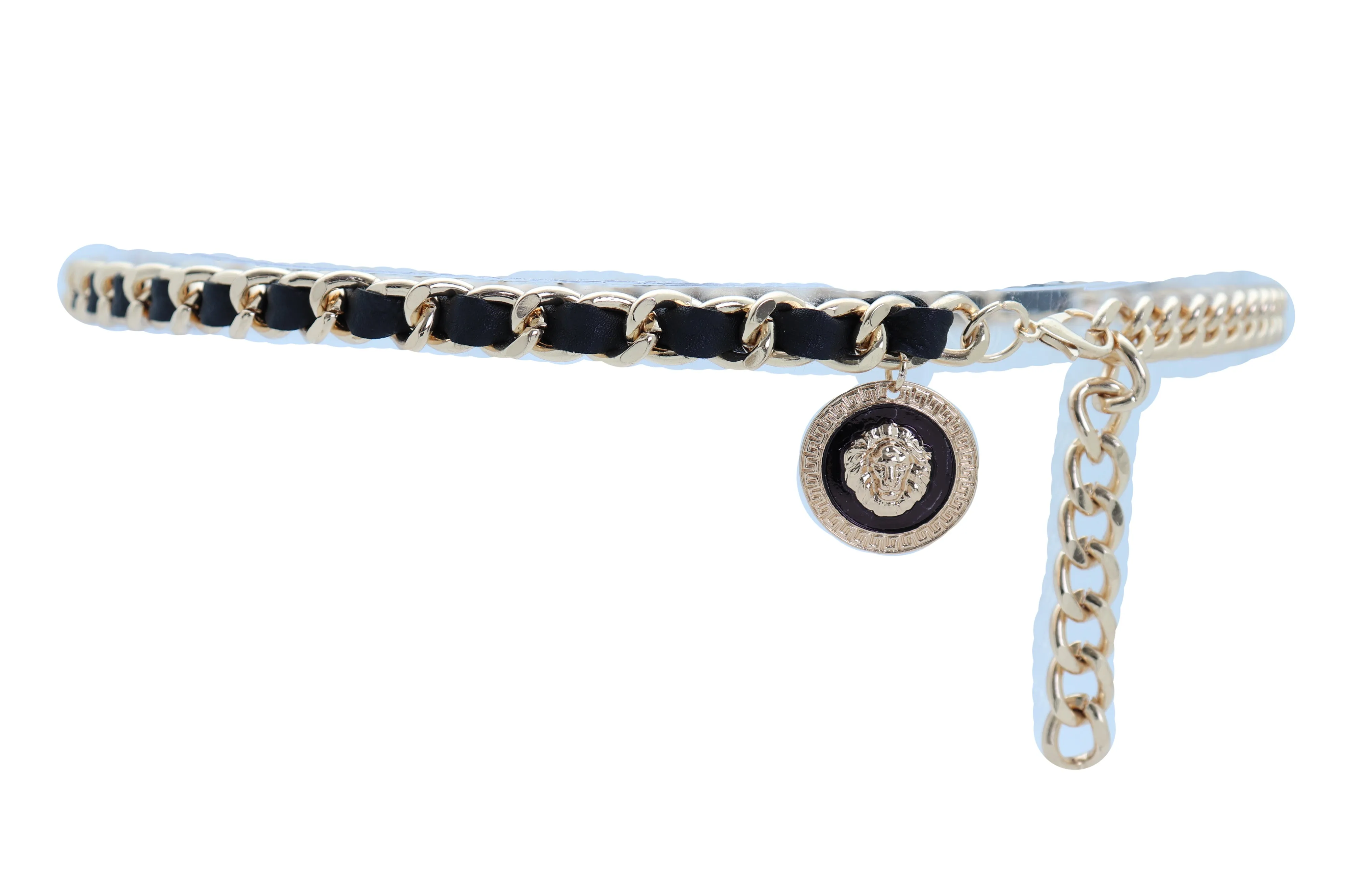 Gold Metal & Black Fabric Skinny Chain Belt with Lion Medallion Clasp End