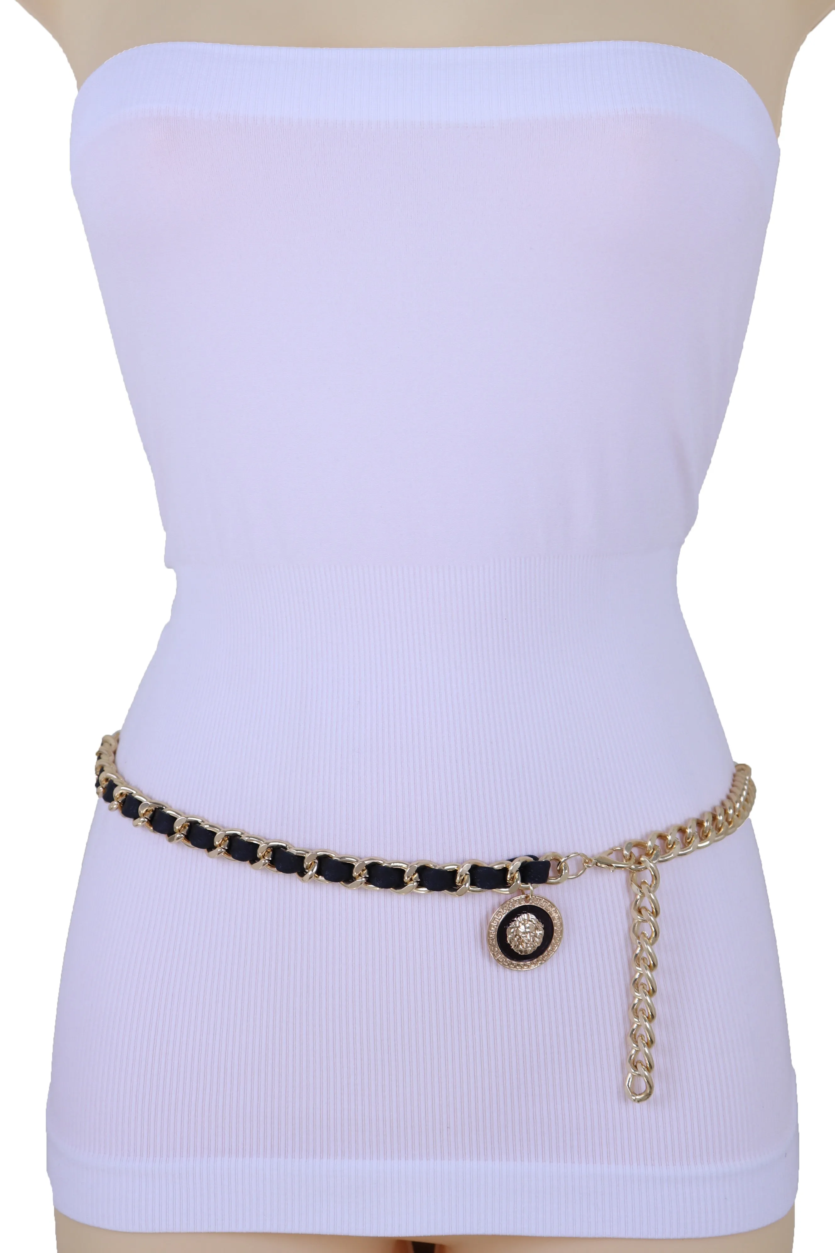 Gold Metal & Black Fabric Skinny Chain Belt with Lion Medallion Clasp End