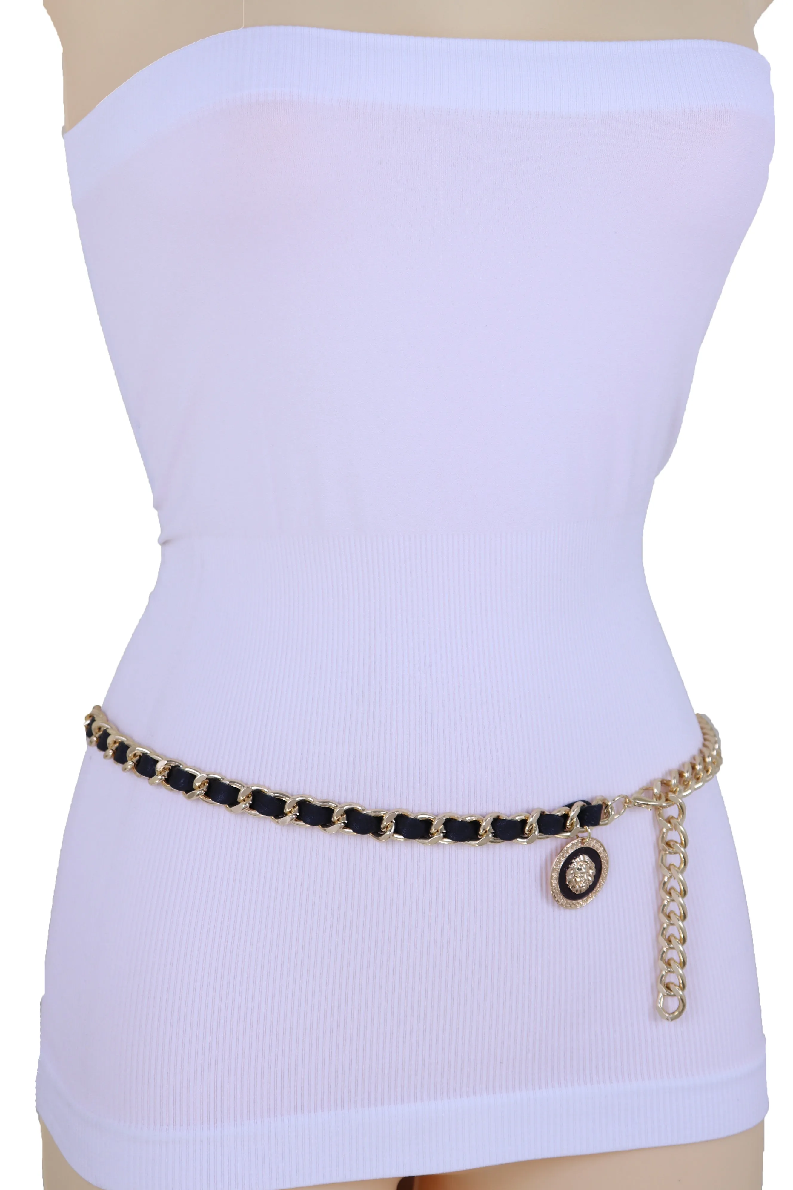 Gold Metal & Black Fabric Skinny Chain Belt with Lion Medallion Clasp End