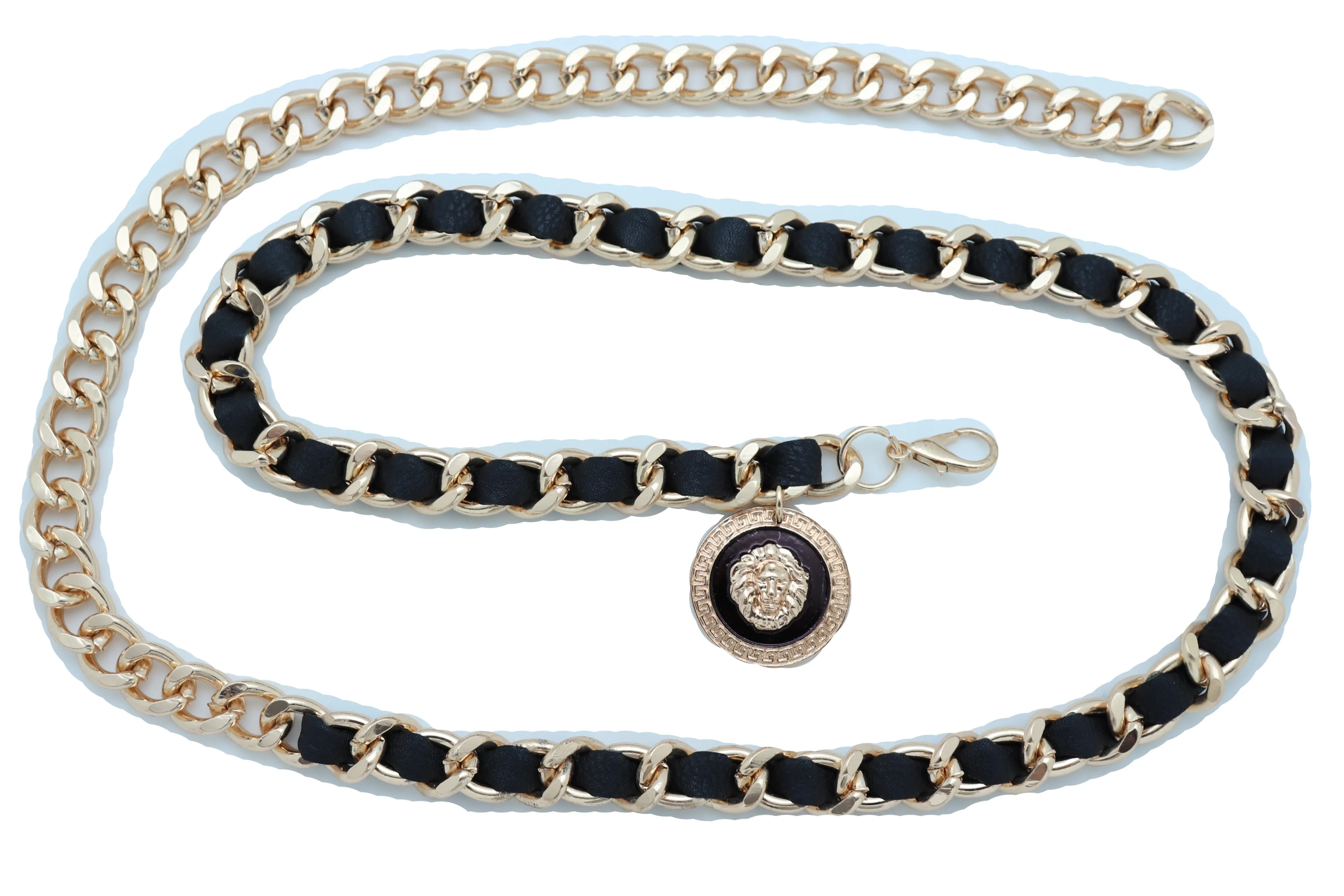 Gold Metal & Black Fabric Skinny Chain Belt with Lion Medallion Clasp End