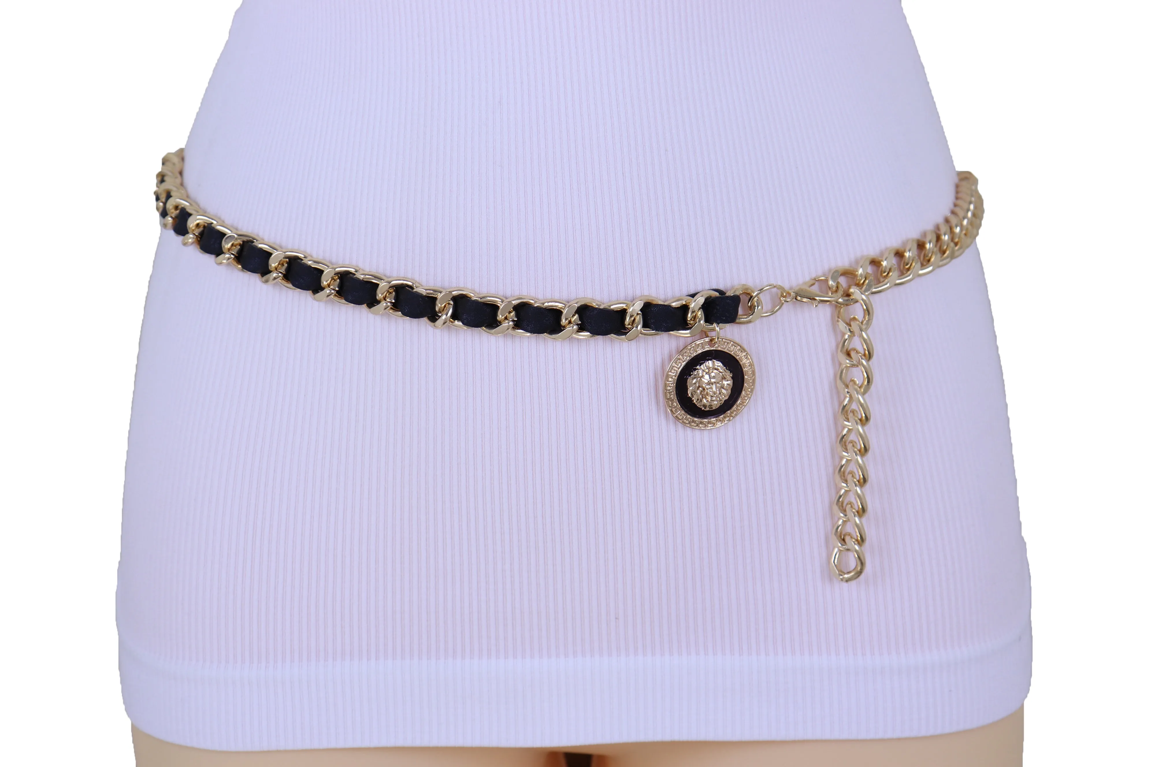 Gold Metal & Black Fabric Skinny Chain Belt with Lion Medallion Clasp End