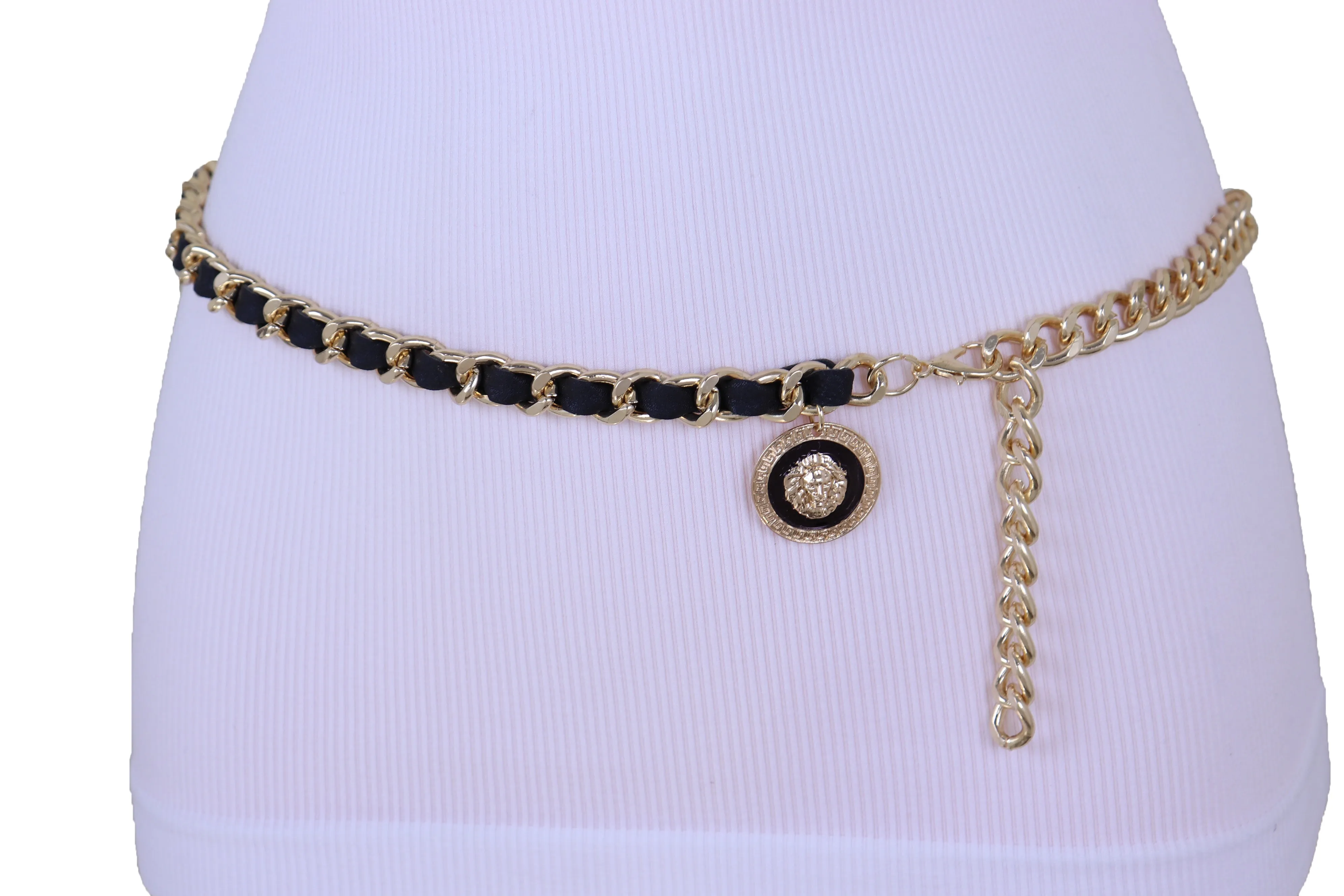 Gold Metal & Black Fabric Skinny Chain Belt with Lion Medallion Clasp End