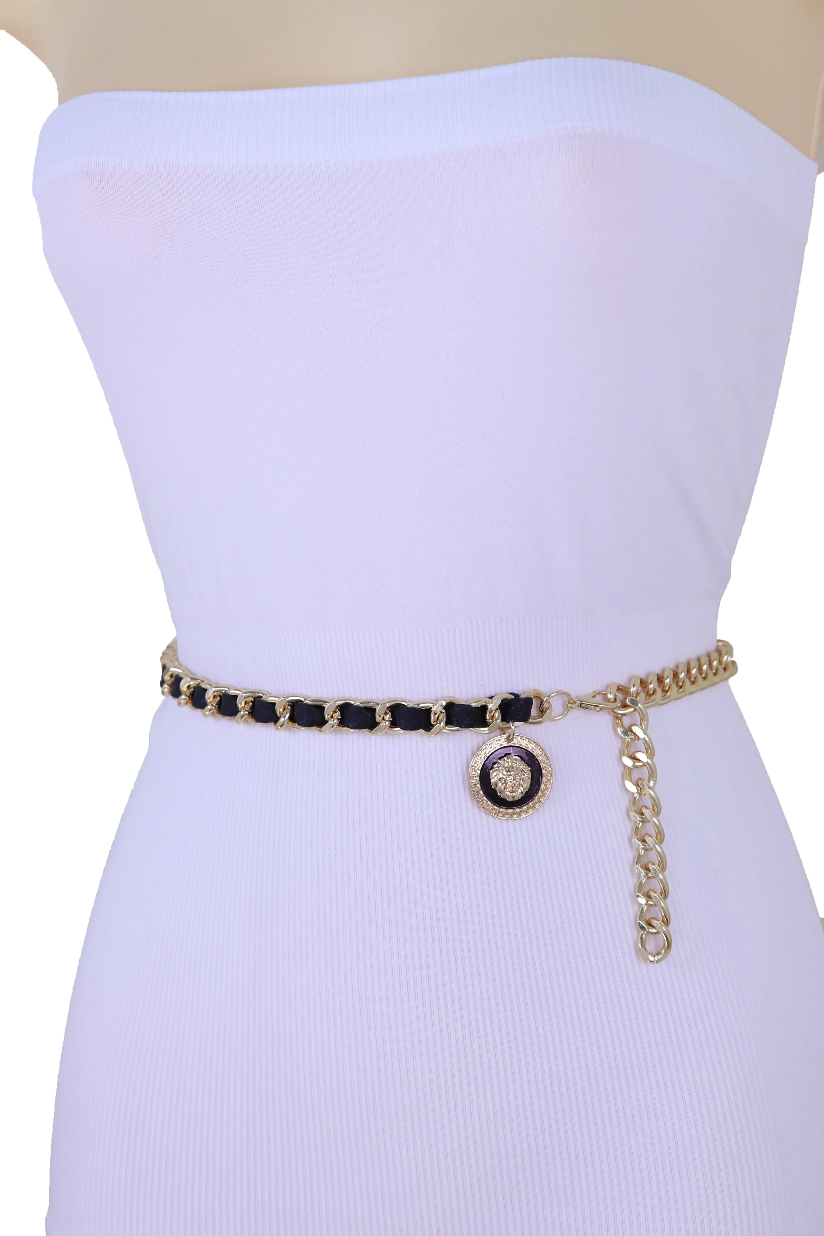 Gold Metal & Black Fabric Skinny Chain Belt with Lion Medallion Clasp End