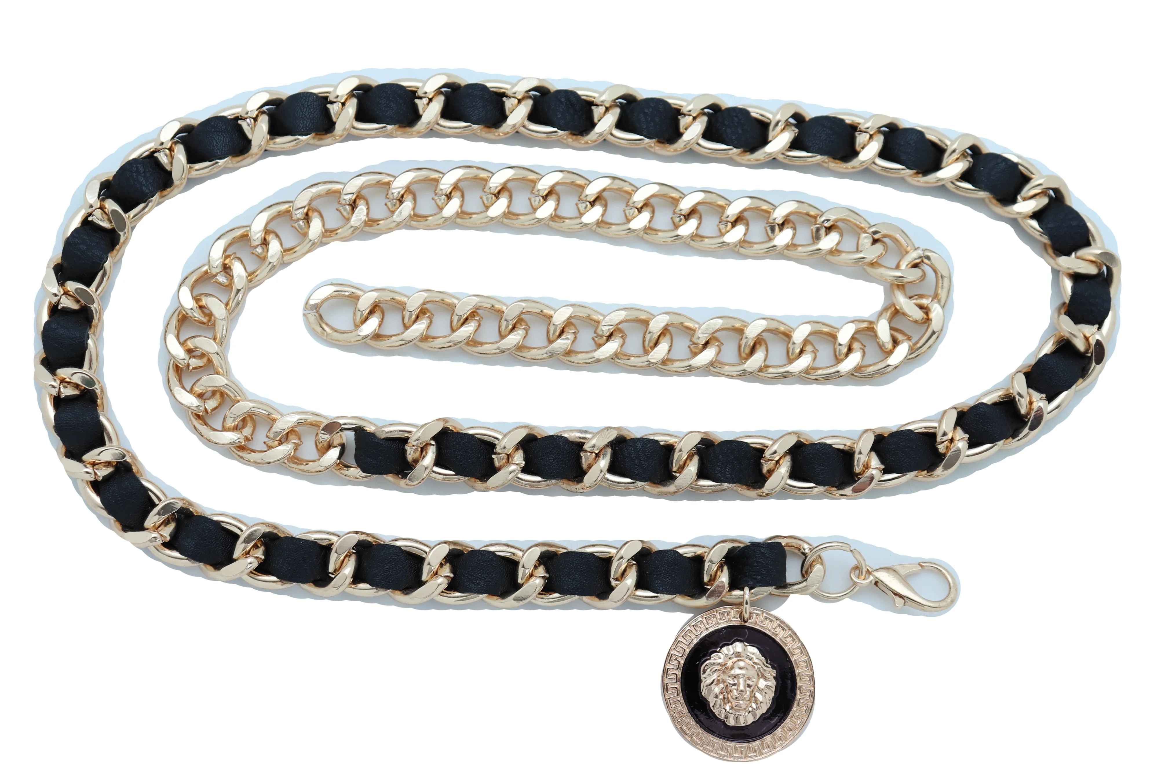 Gold Metal & Black Fabric Skinny Chain Belt with Lion Medallion Clasp End