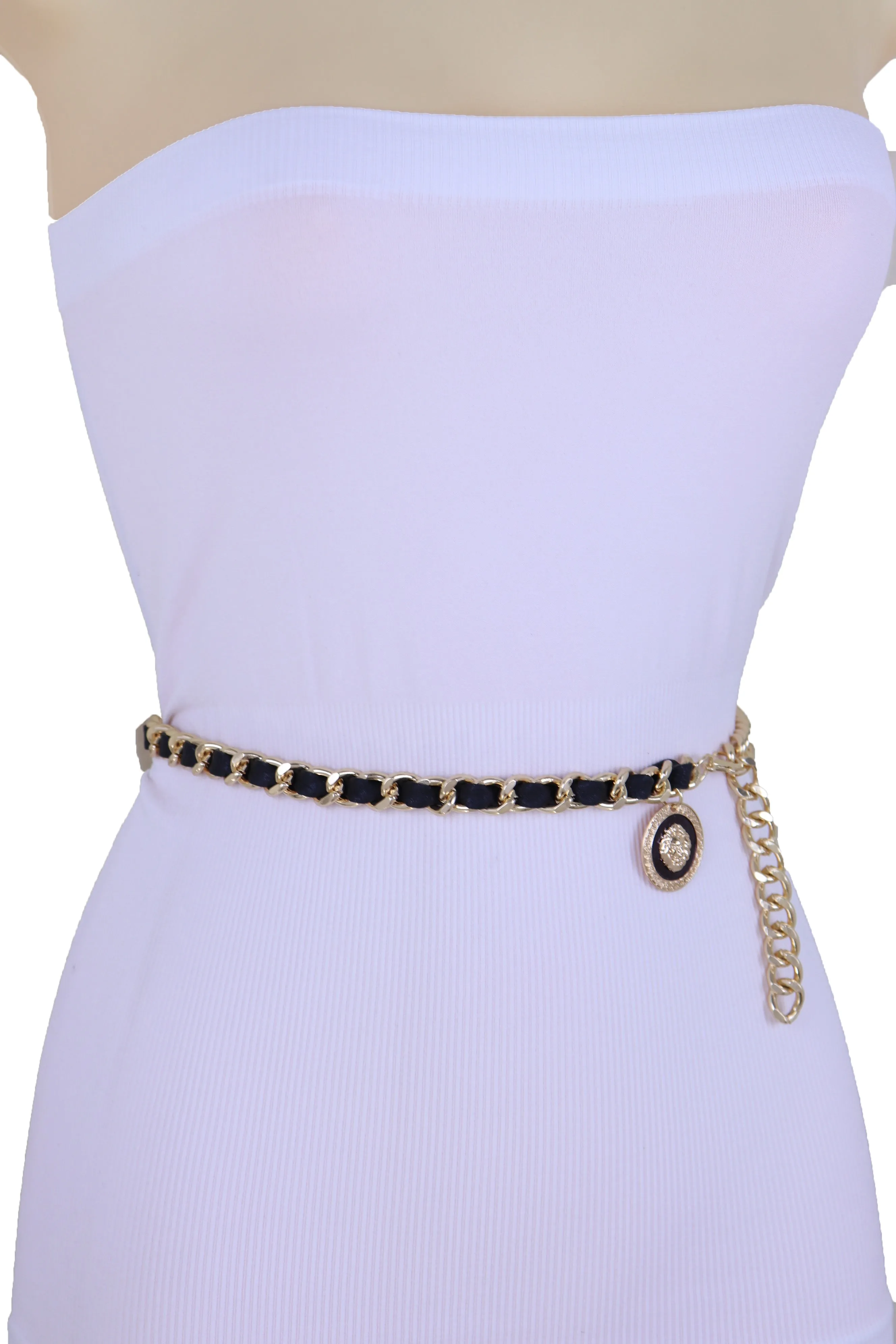 Gold Metal & Black Fabric Skinny Chain Belt with Lion Medallion Clasp End