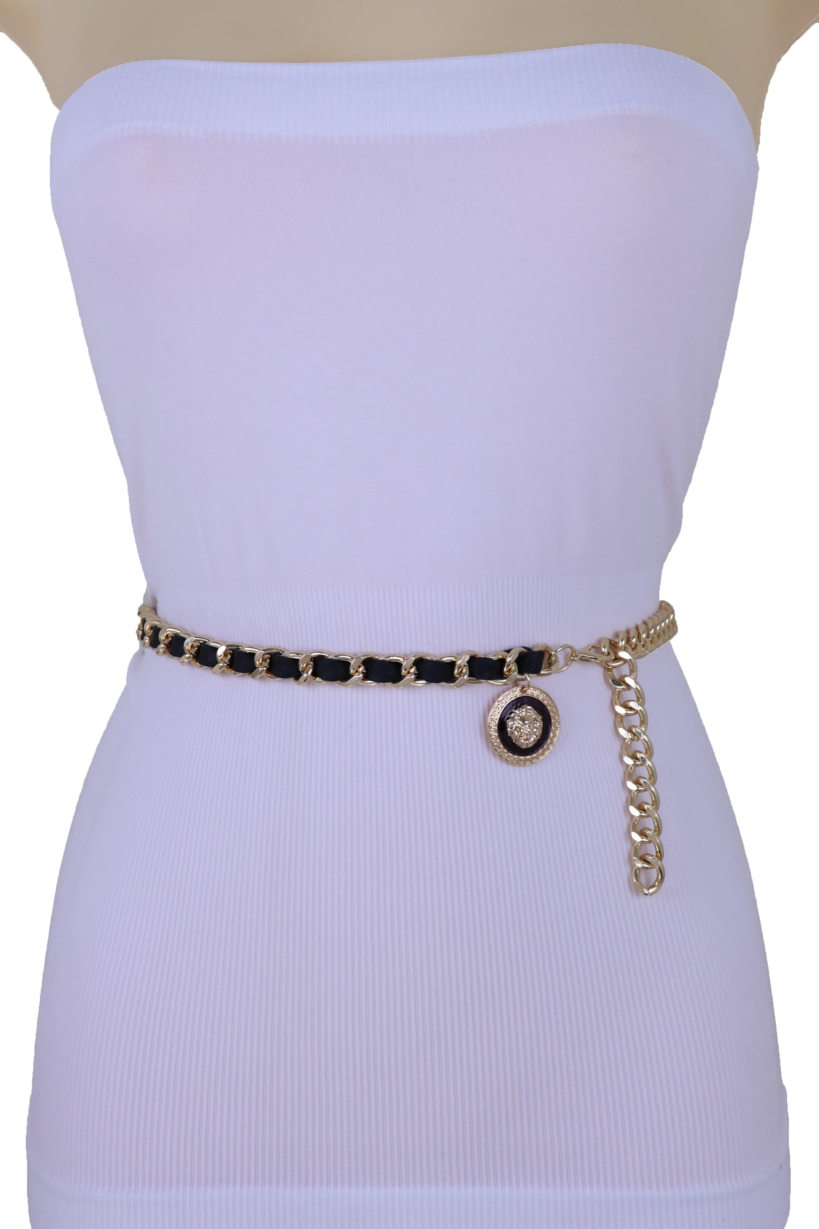 Gold Metal & Black Fabric Skinny Chain Belt with Lion Medallion Clasp End