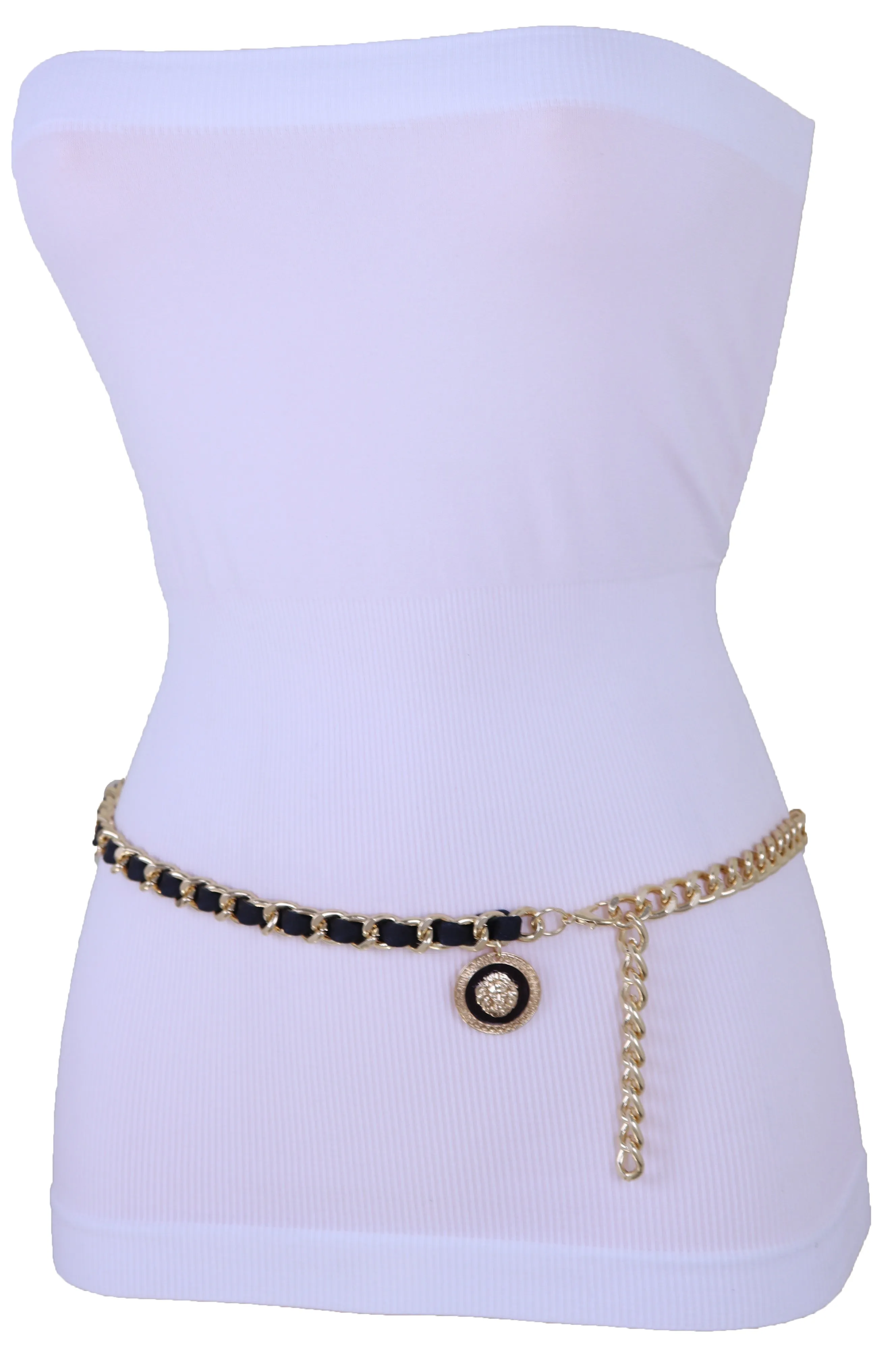 Gold Metal & Black Fabric Skinny Chain Belt with Lion Medallion Clasp End