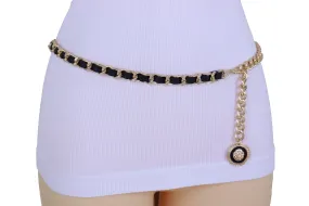 Gold Metal & Black Fabric Skinny Chain Belt with Lion Medallion Pendant End