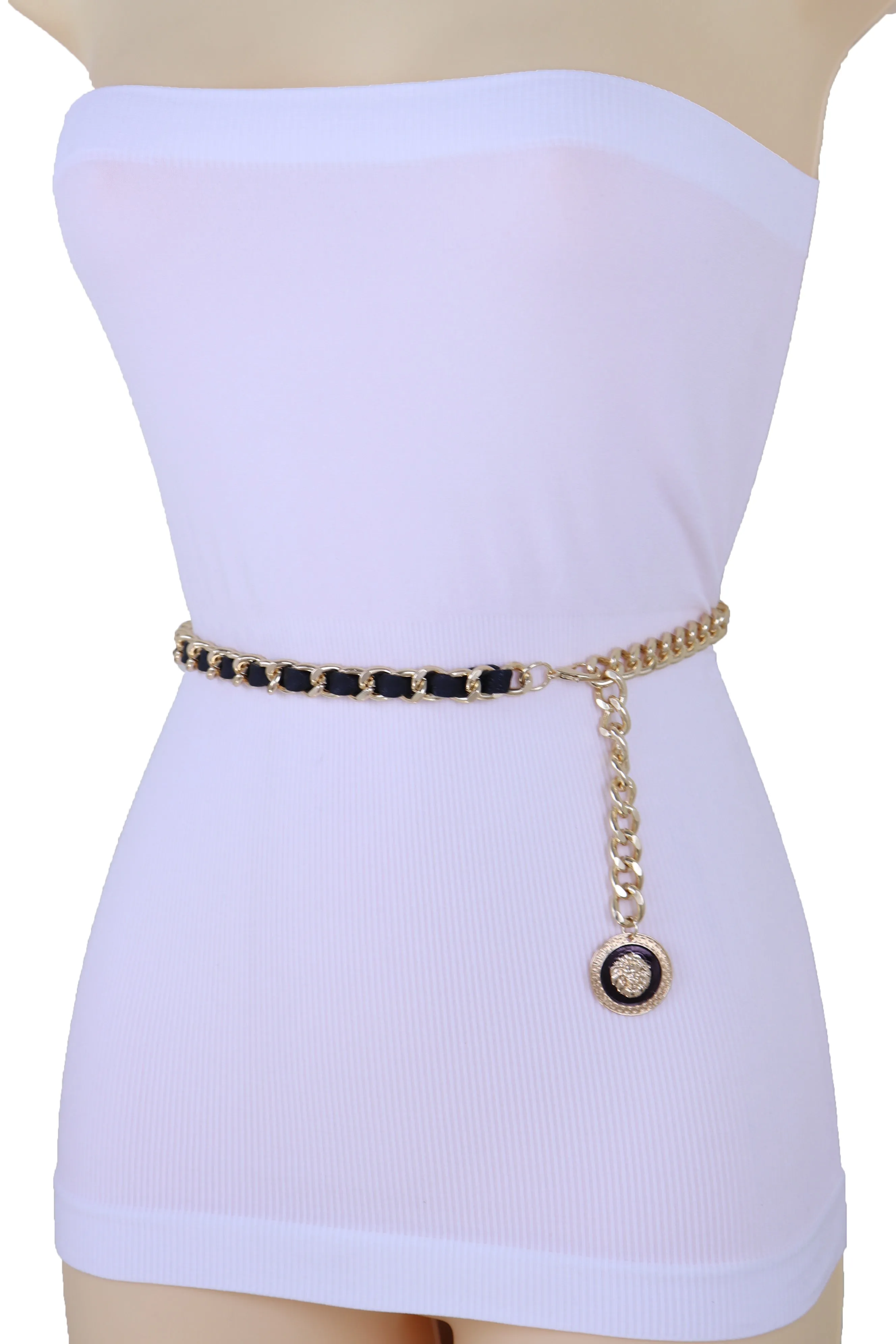 Gold Metal & Black Fabric Skinny Chain Belt with Lion Medallion Pendant End