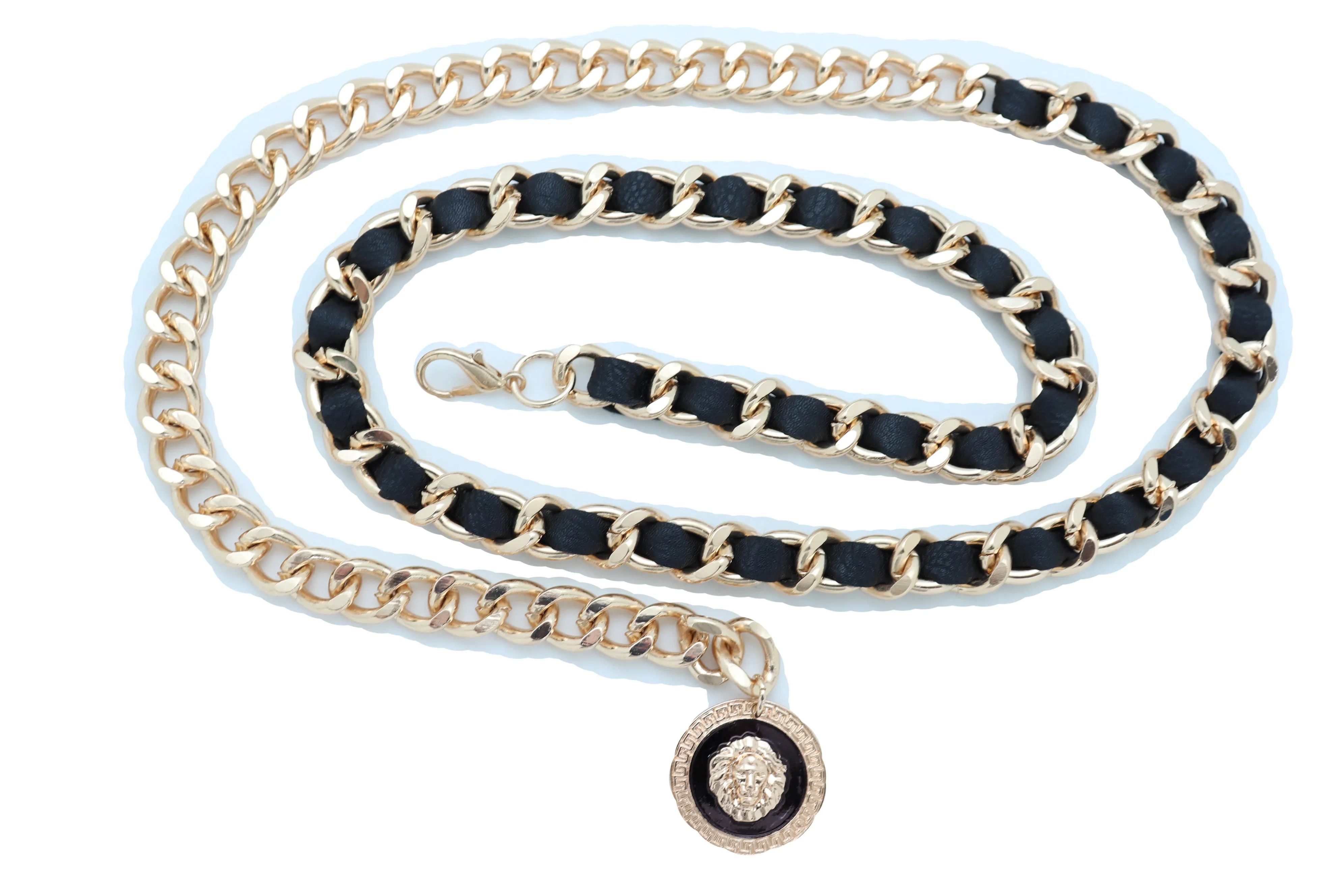 Gold Metal & Black Fabric Skinny Chain Belt with Lion Medallion Pendant End