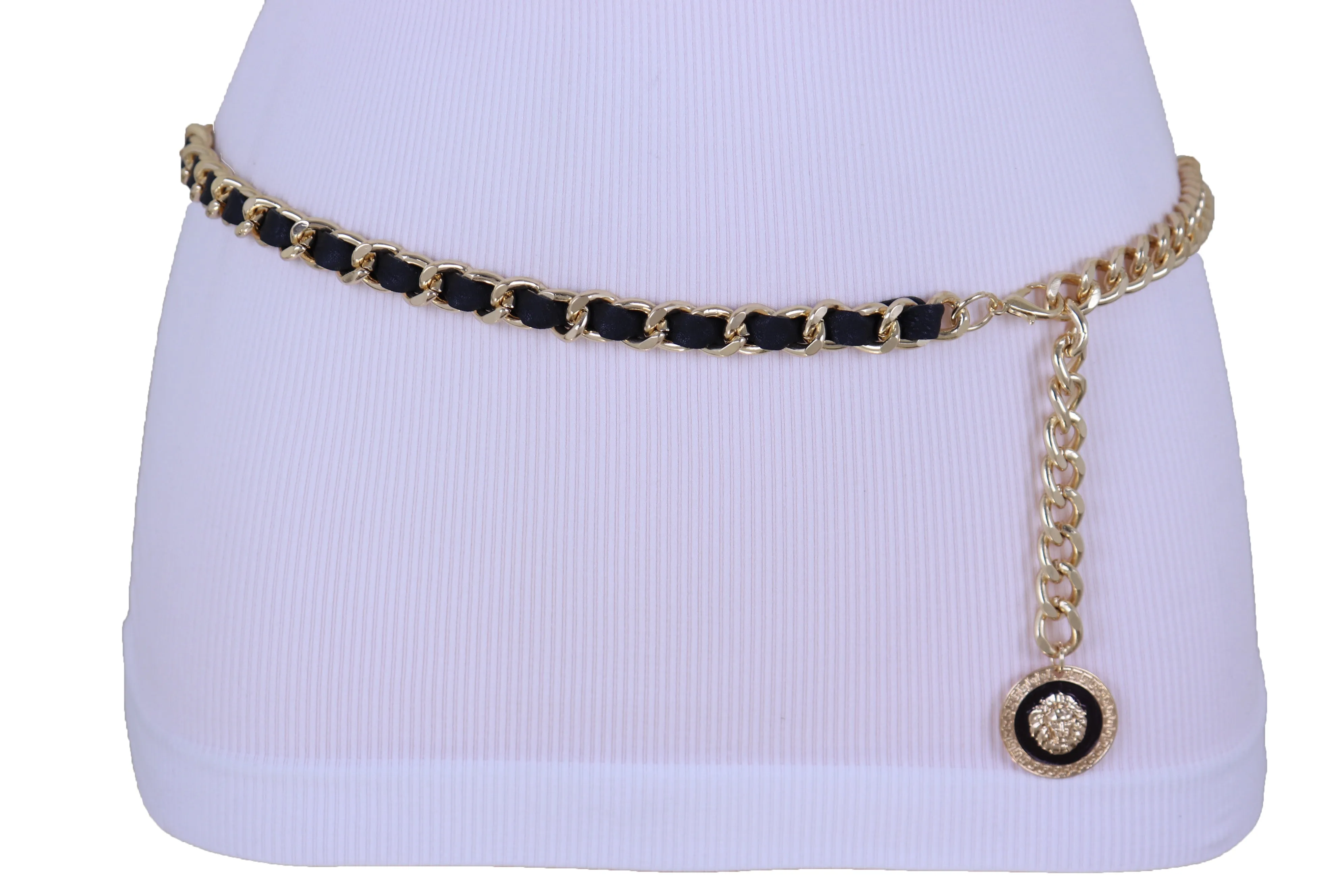 Gold Metal & Black Fabric Skinny Chain Belt with Lion Medallion Pendant End