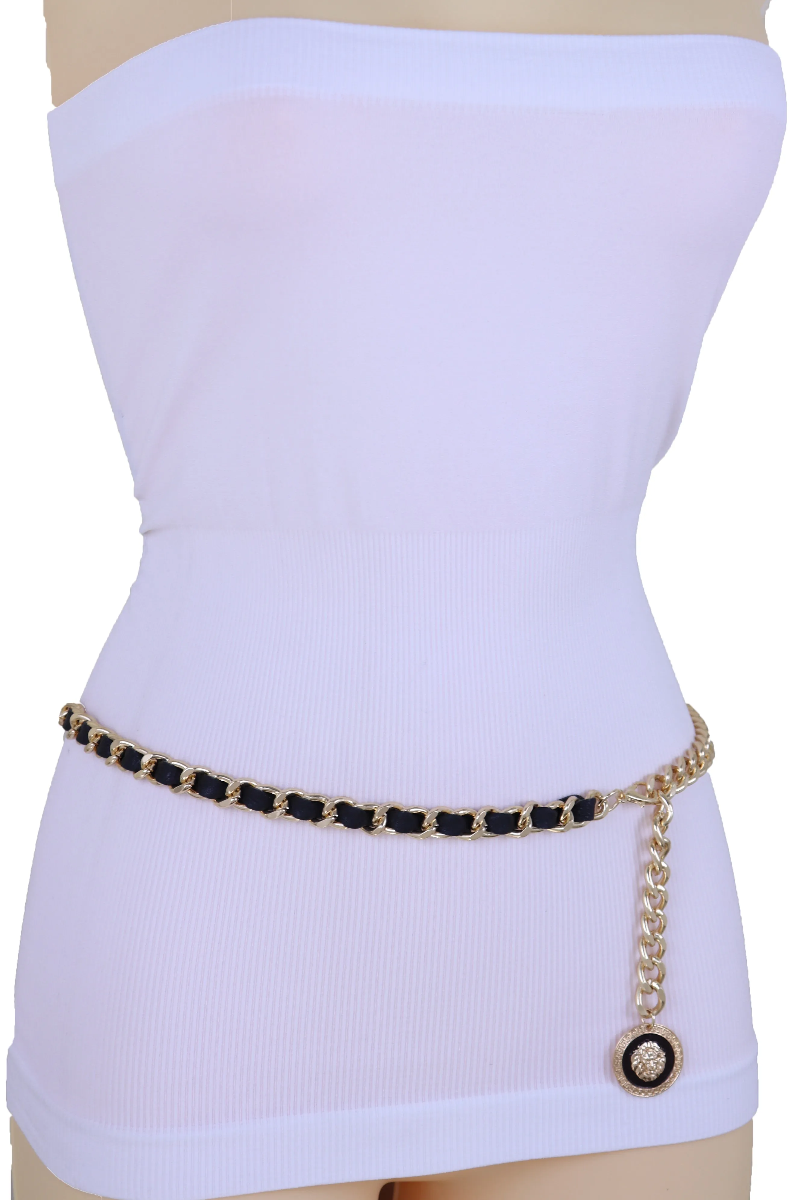 Gold Metal & Black Fabric Skinny Chain Belt with Lion Medallion Pendant End