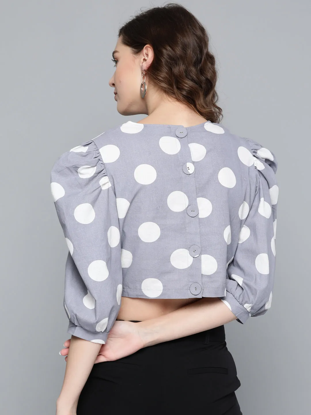 Grey & White Polka Puff Sleeve Crop Top