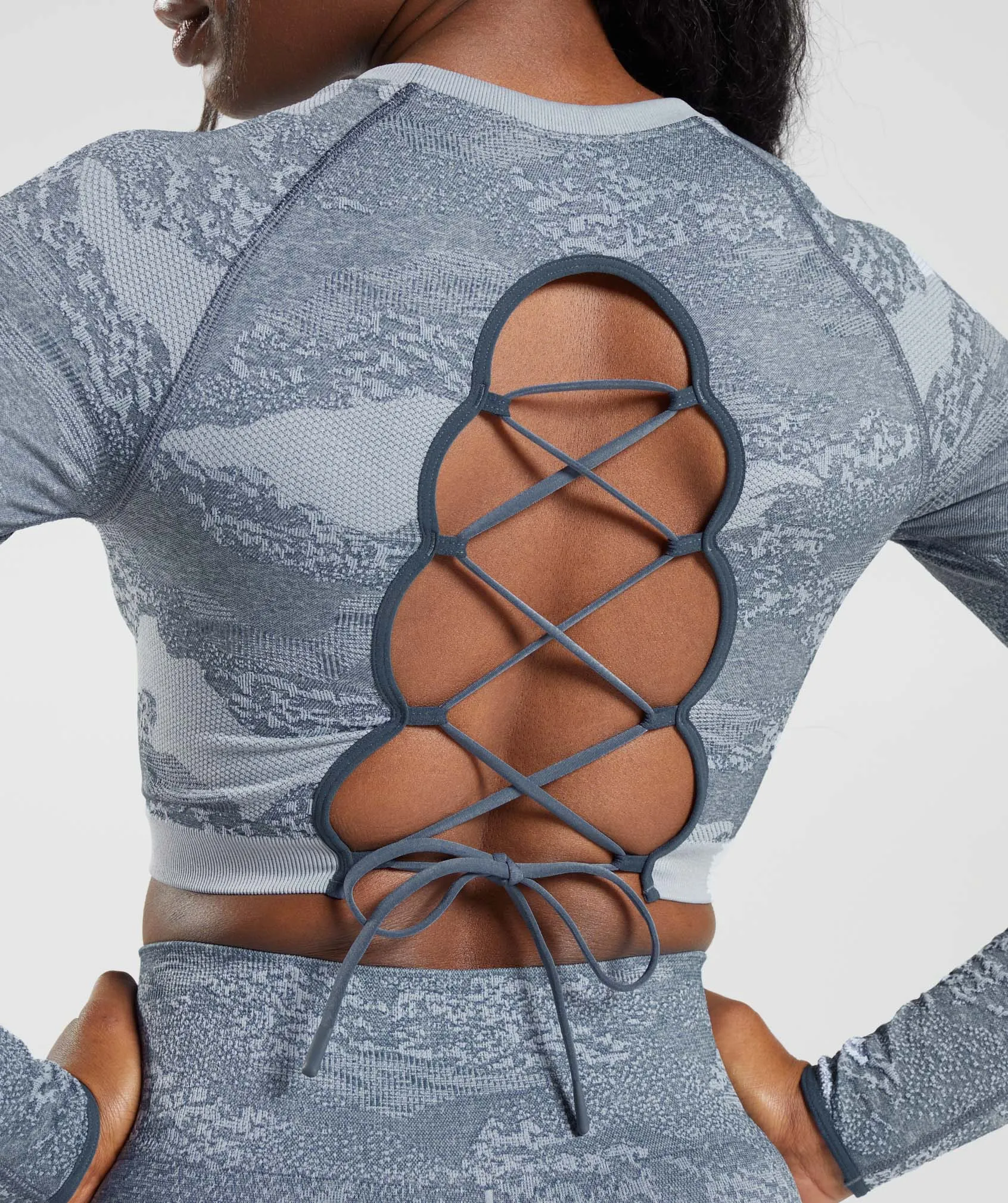 Gymshark Adapt Camo Seamless Lace Up Back Top - Lava |  River Stone Grey/Evening Blue