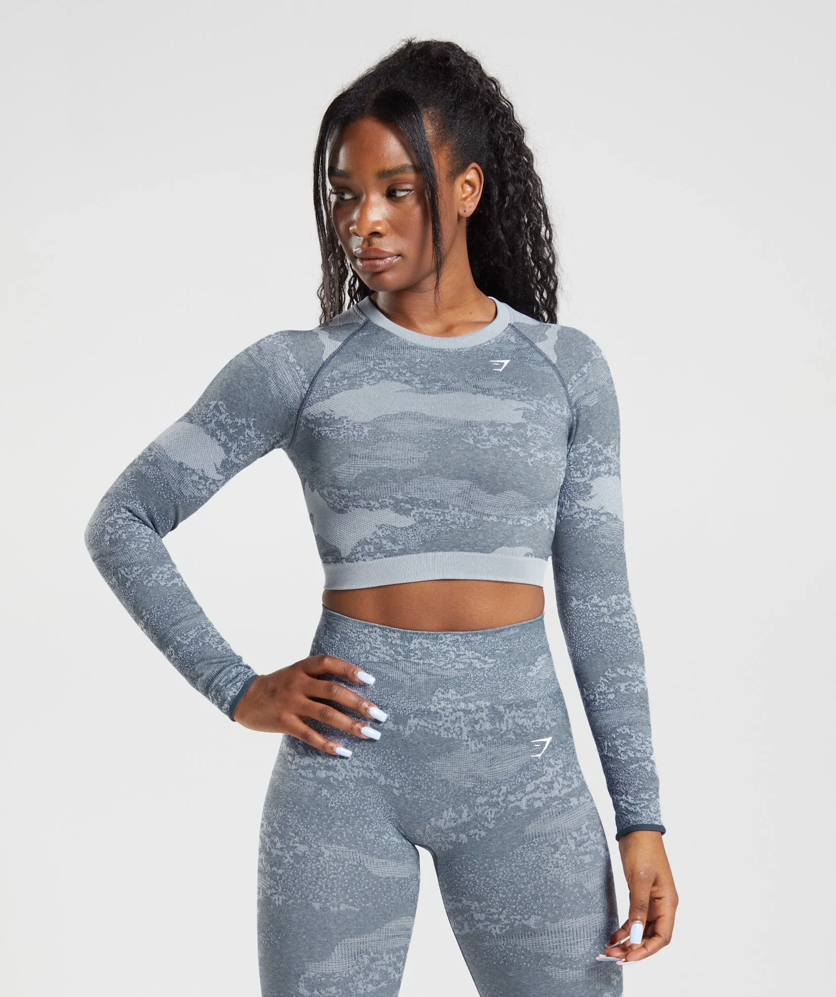 Gymshark Adapt Camo Seamless Lace Up Back Top - Lava |  River Stone Grey/Evening Blue