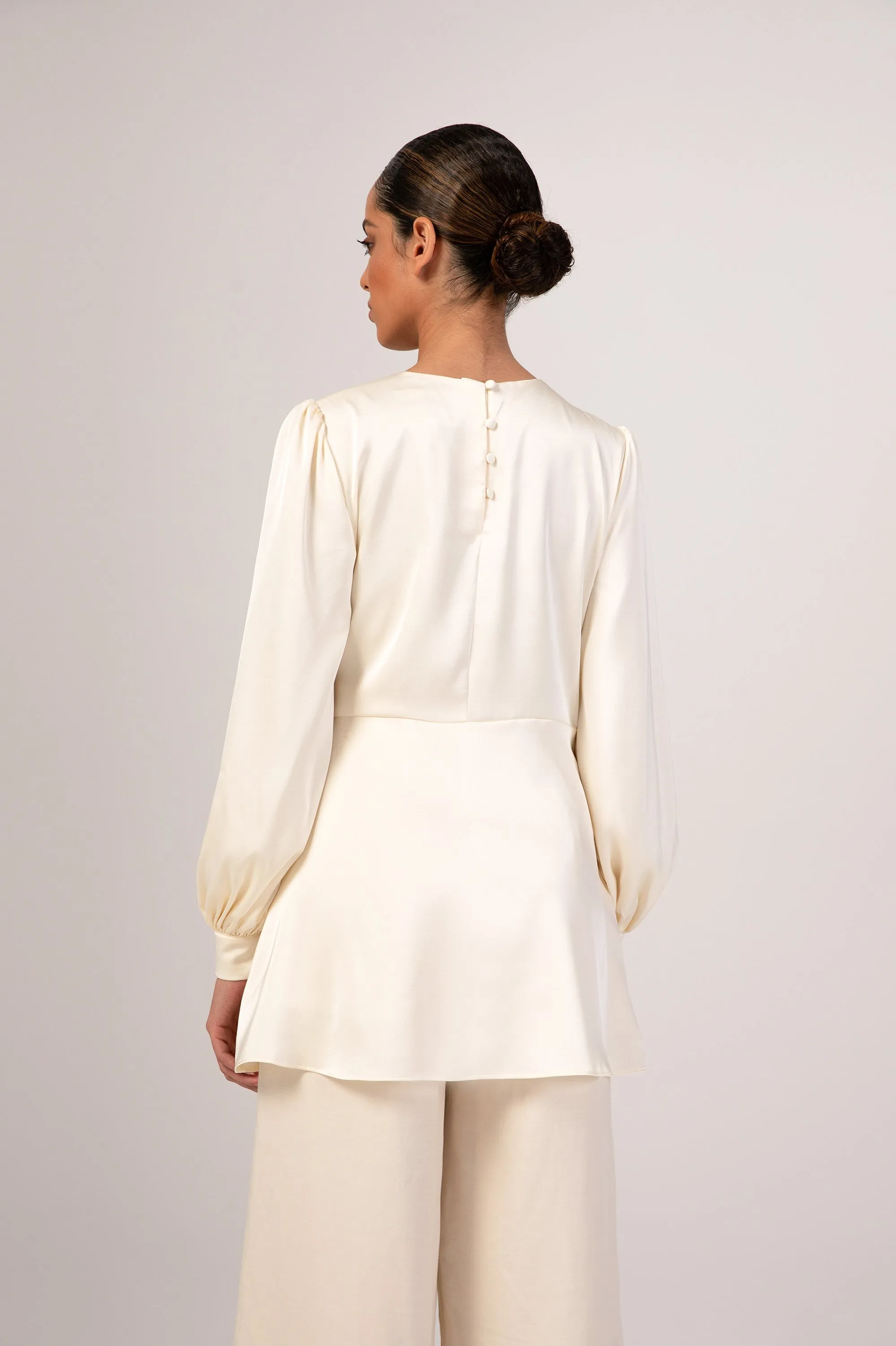 Hala Side Tie Satin Blouse - Off White