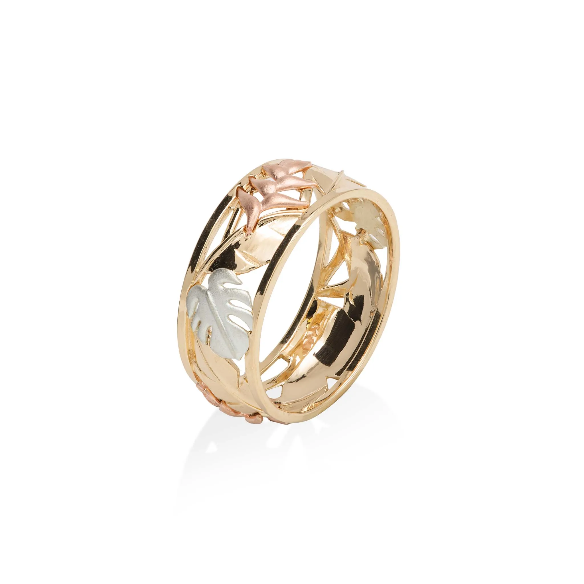 Hawaiian Gardens Monstera & Heliconia Ring in Tri Color Gold - 8mm