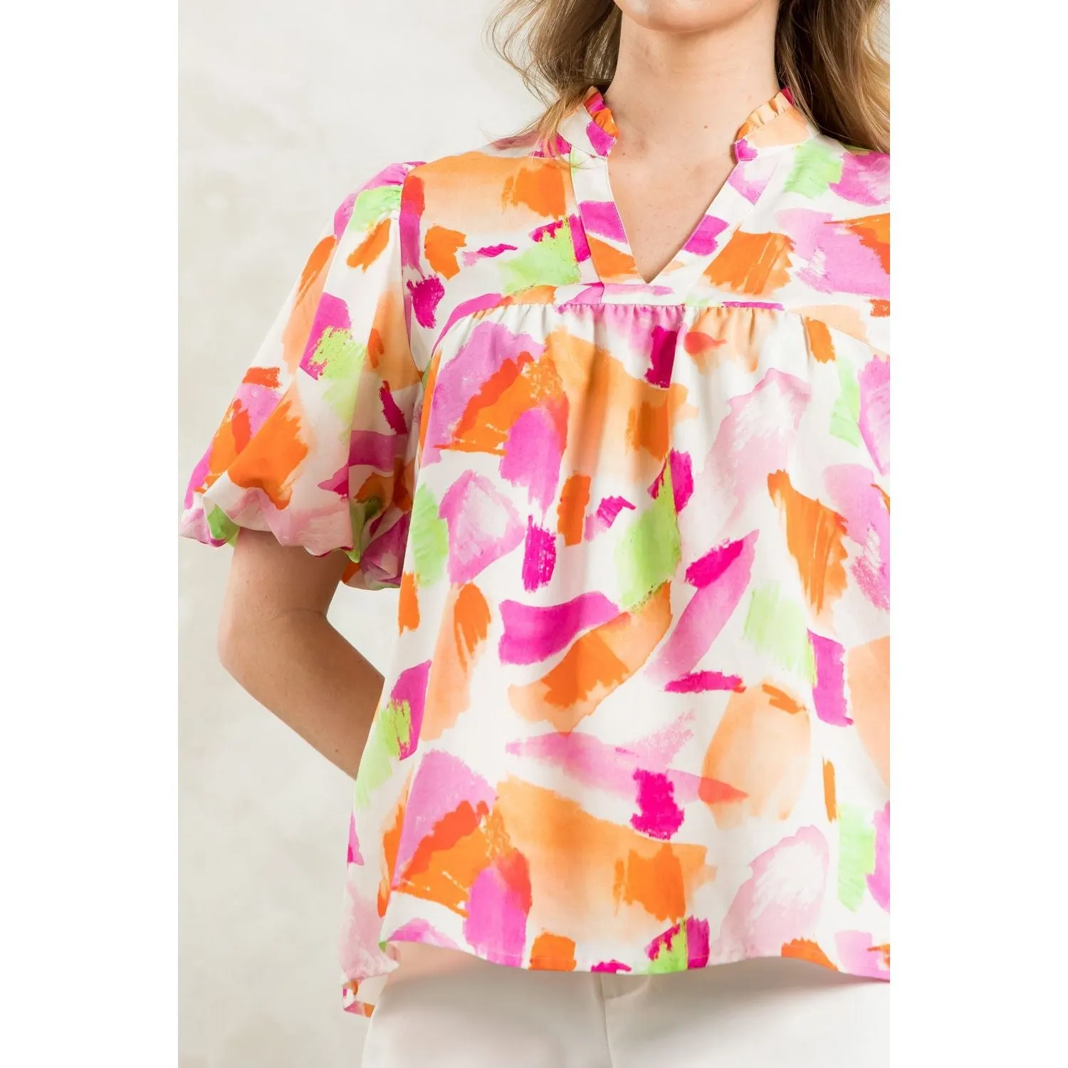 Helen Puff Sleeve Multi Color Print THML Top SALE