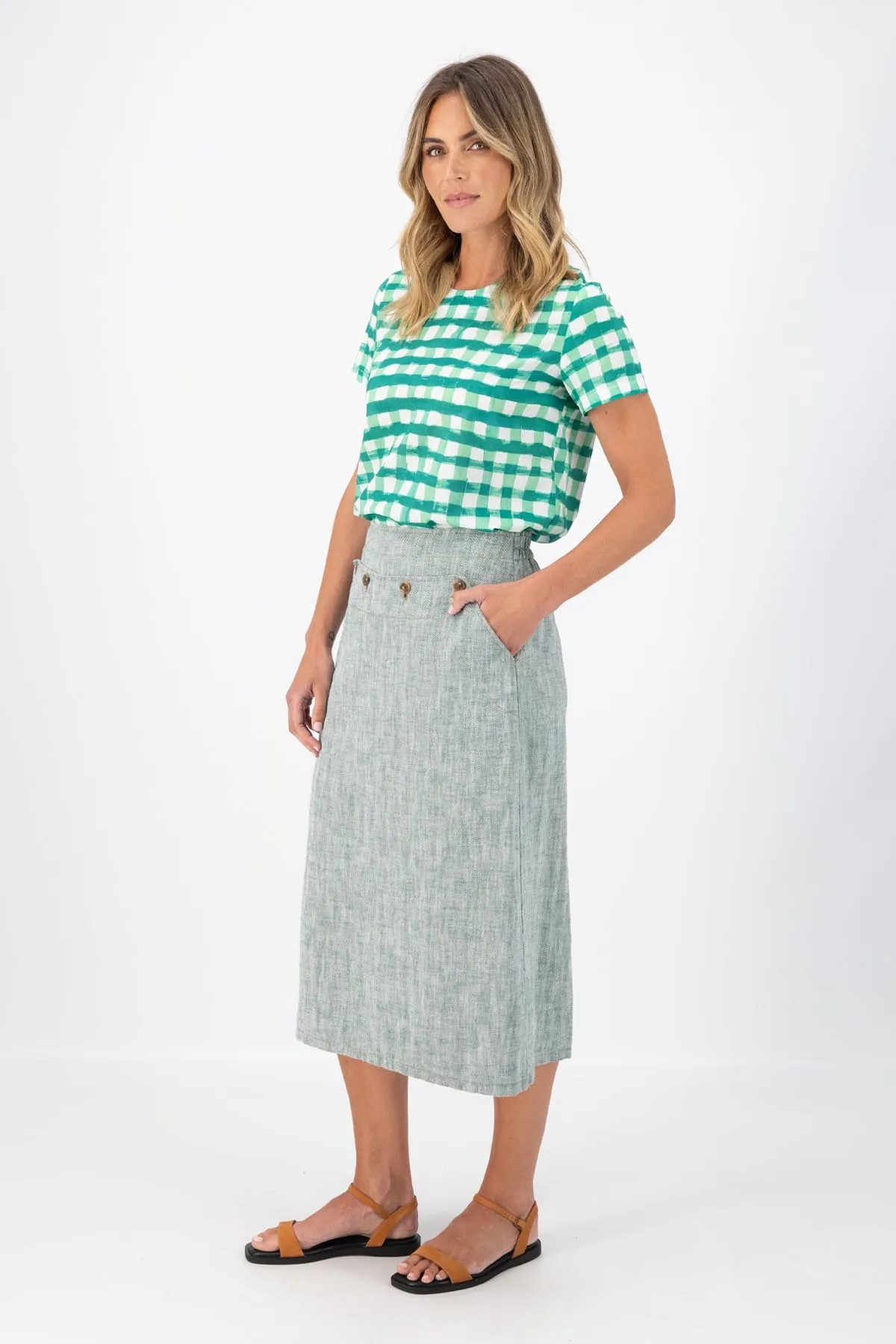 Hepburn Panorama Skirt Green in Herringbone Linen