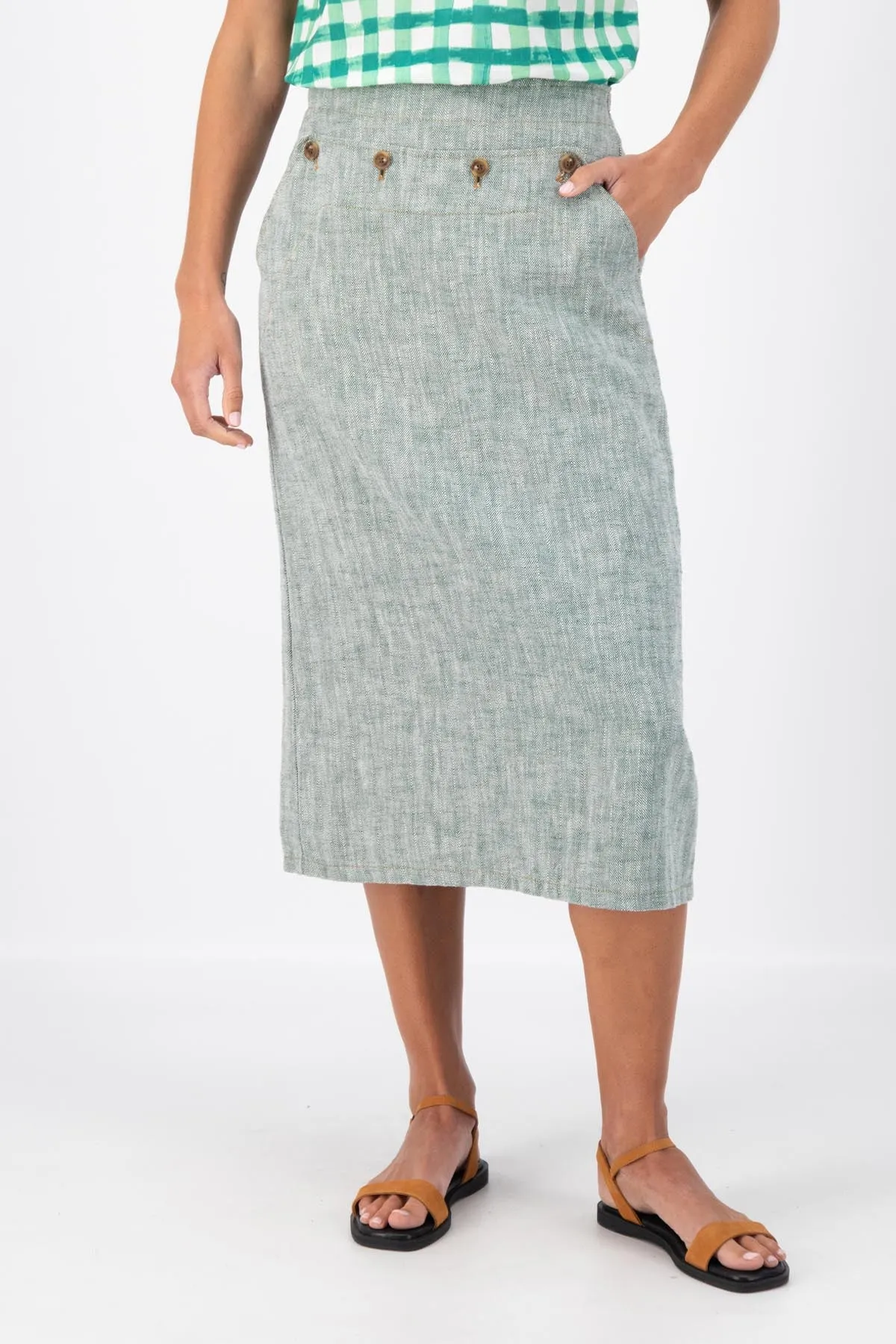 Hepburn Panorama Skirt Green in Herringbone Linen